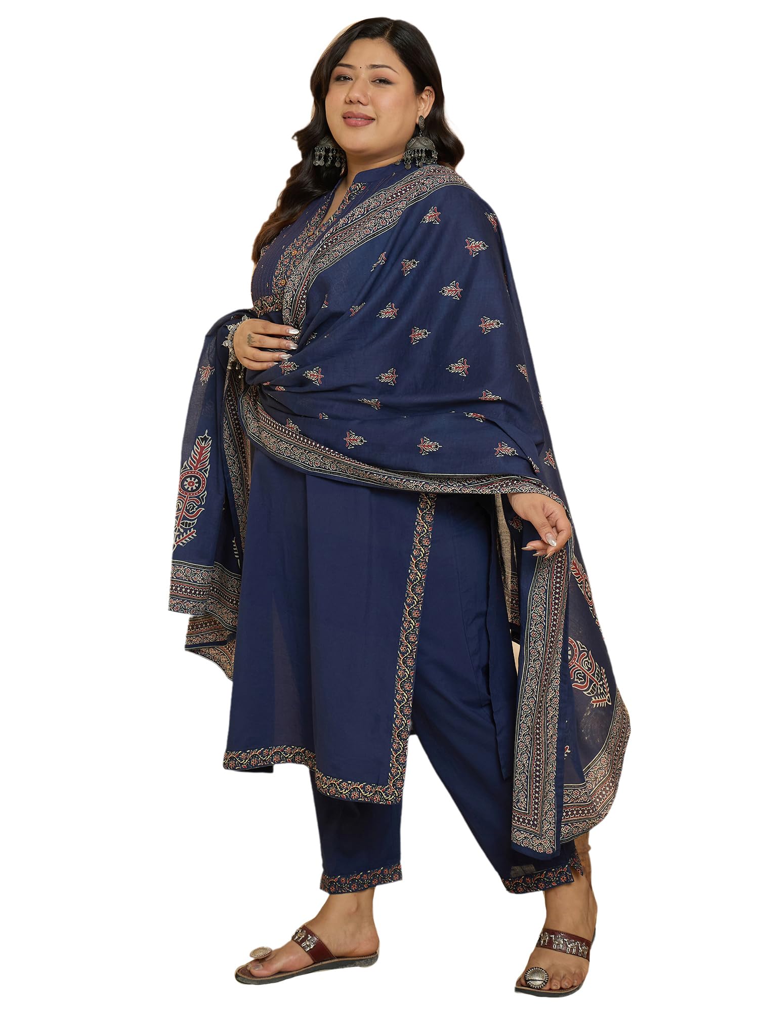 indo era Women's Blue Pure Cotton Printed Beads and Stones Straight Kurta & Pant with Dupatta Set-picture-11