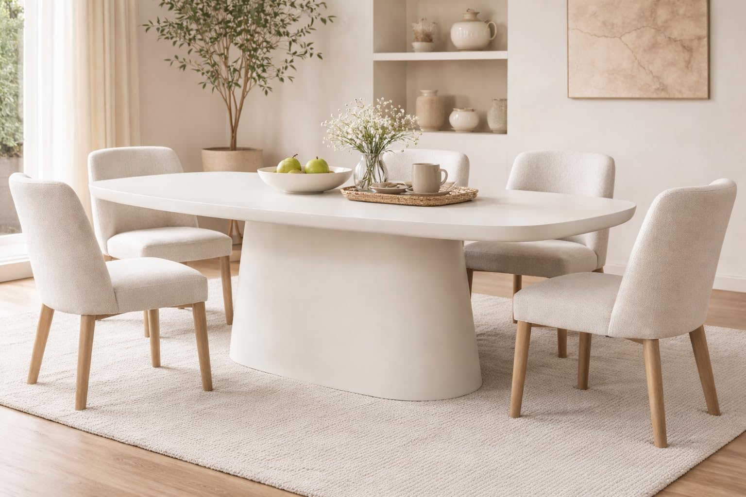 Lime Plaster Dining Table, 200x100x76 cm, Oval Shape, Pedestal Base-image-25