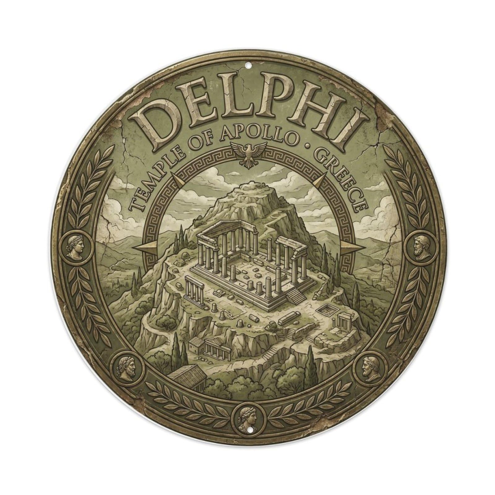 Vintage Travel Delphi Temple Metal Tin Sign Plaque Wall Decor for Cafe, Club Bar, Office, Home Garden Round Metal Poster 8x8Inch