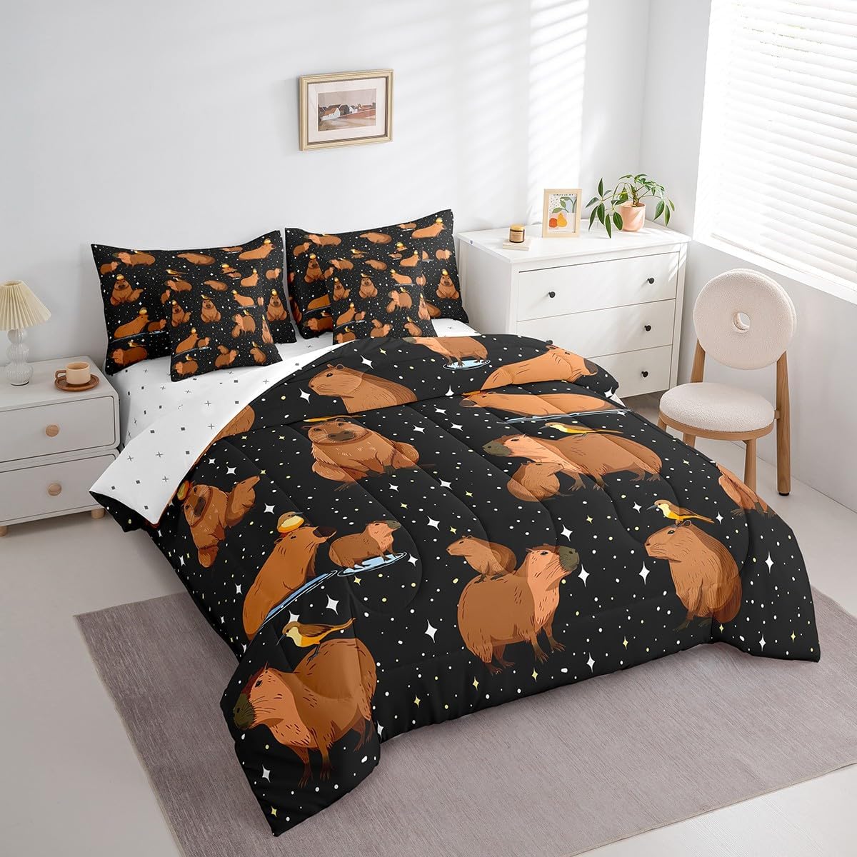 Erosebridal Capybara Comforter Set for Kids Child,Cartoon Capybaras Bed in A Bag Queen,Galaxy Glitter Stars Bedding Sets,Farmhouse Rodent Pet Animals Reversible Bed Sets with Sheet Set