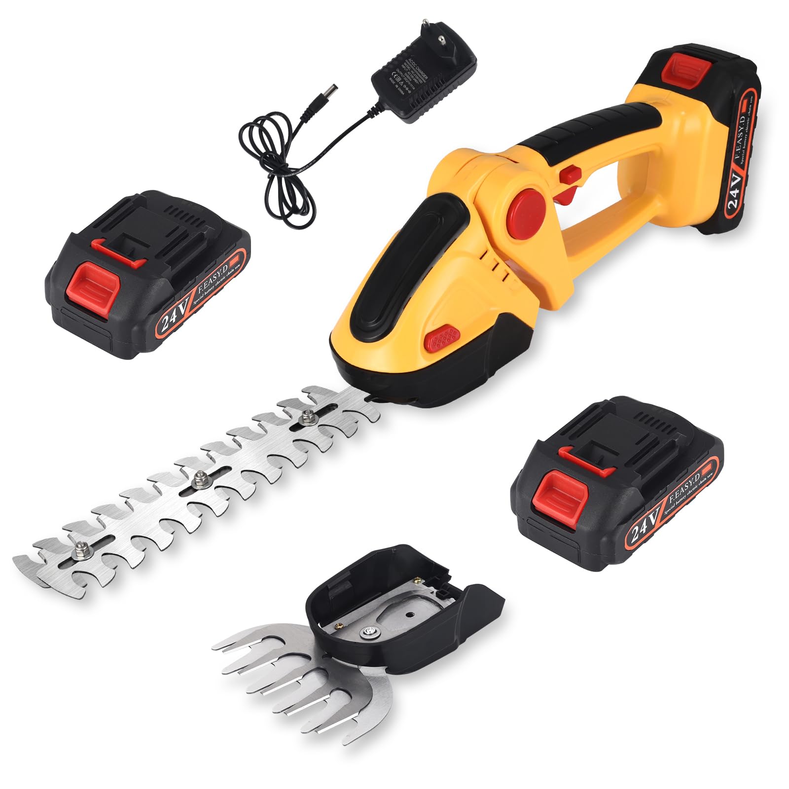 Tijeras de podar eléctricas con batería, 21 V, 2 en 1, para arbustos y césped, con 2 baterías