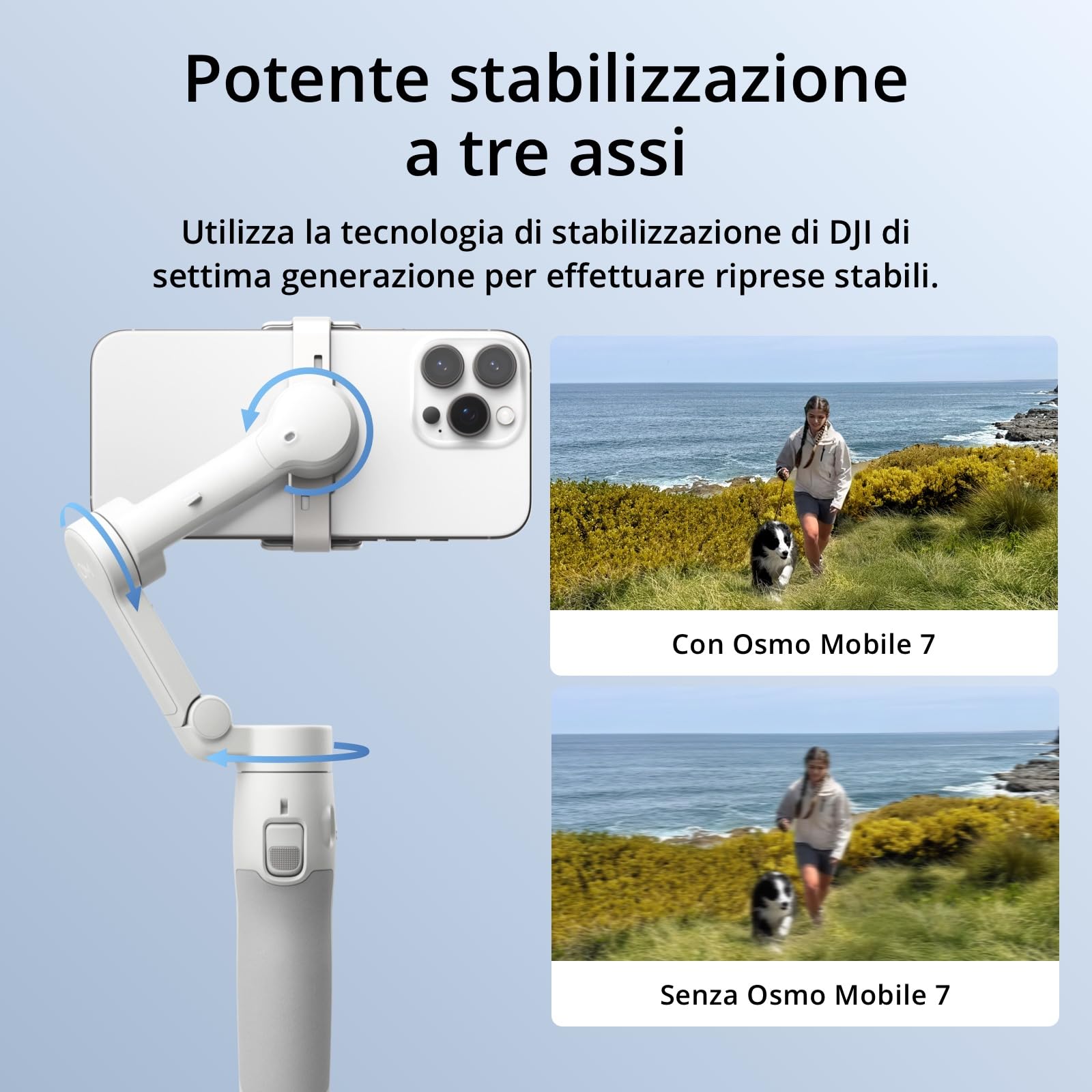 DJI Osmo Mobile 7 Stabilizzatore per iPhone, Android, Treppiede integrato, Ultra-leggero, Stabilizzatore 3 assi per smartphone, ActiveTrack 7.0, ShotGuides, Editing a un tocco, 10 ore di autonomia