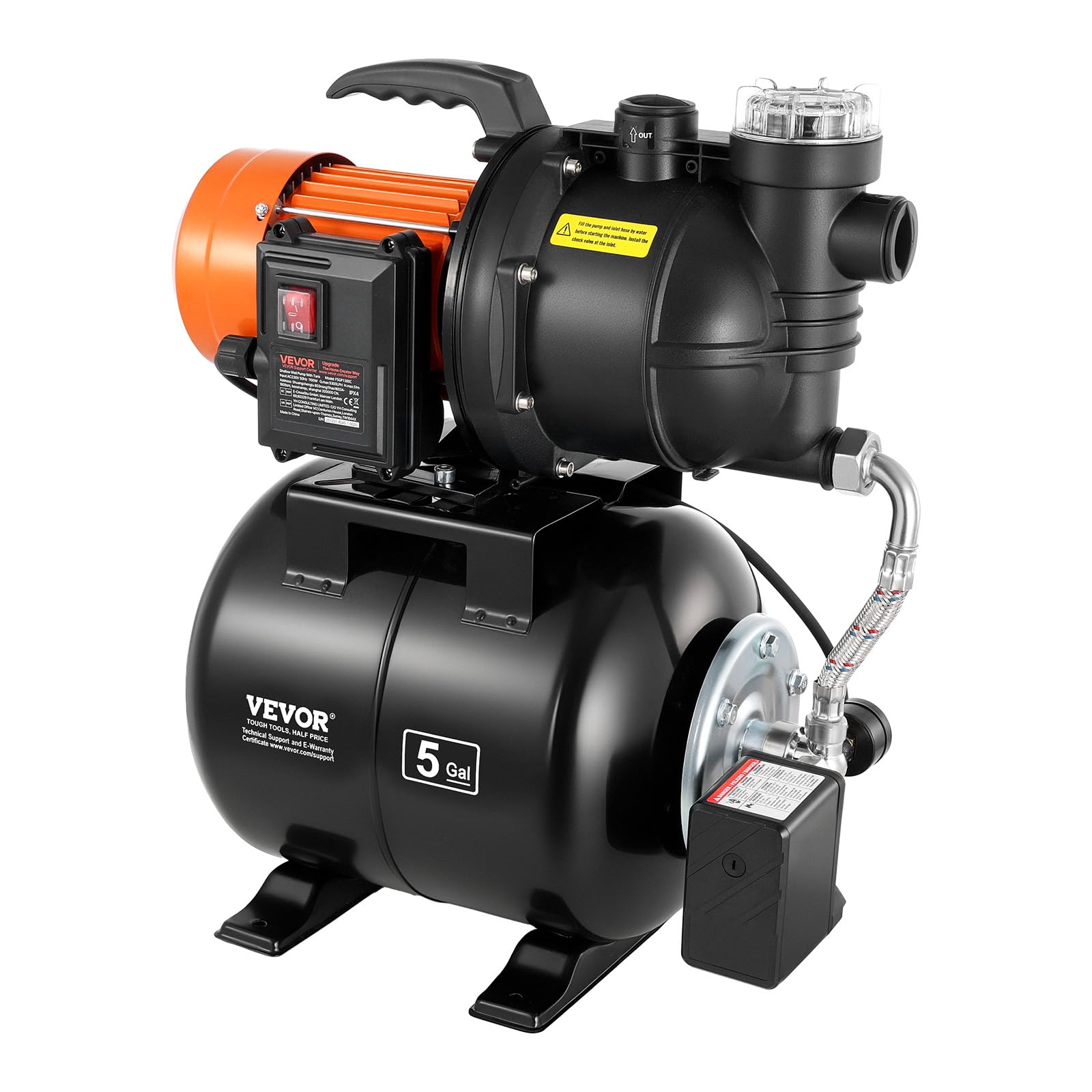 VEVOR Groupe de Surpression 1100 W Pompe avec Réservoir de Pression 19 L pour Puits Peu Profonds Arrosage Jardin, 5300 L/h, avec Filtre, Clapet Anti-retour, Surpresseur Auto, Pressostat 1,4-2,8 bar