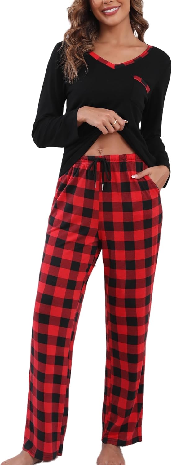 Womens long Sleeve Pajamas Sets 2 Piece Tops and Plaid Pants PJ Set Loungewear Sleepwear with Pockets