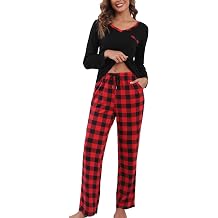 Womens long Sleeve Pajamas Sets 2 Piece Tops and Plaid Pants PJ Set Loungewear Sleepwear with Pockets