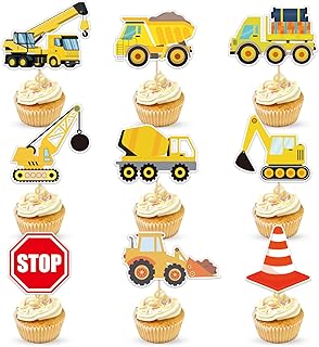 45 PCS Construction Cupcake Toppers Dump Truck Excavator Tractor Stop Sign Part Cake Toppers for Construction Theme Kids Birthday Decorations Baby Shower Birthday Sign Decor Party Decor Party Supplies