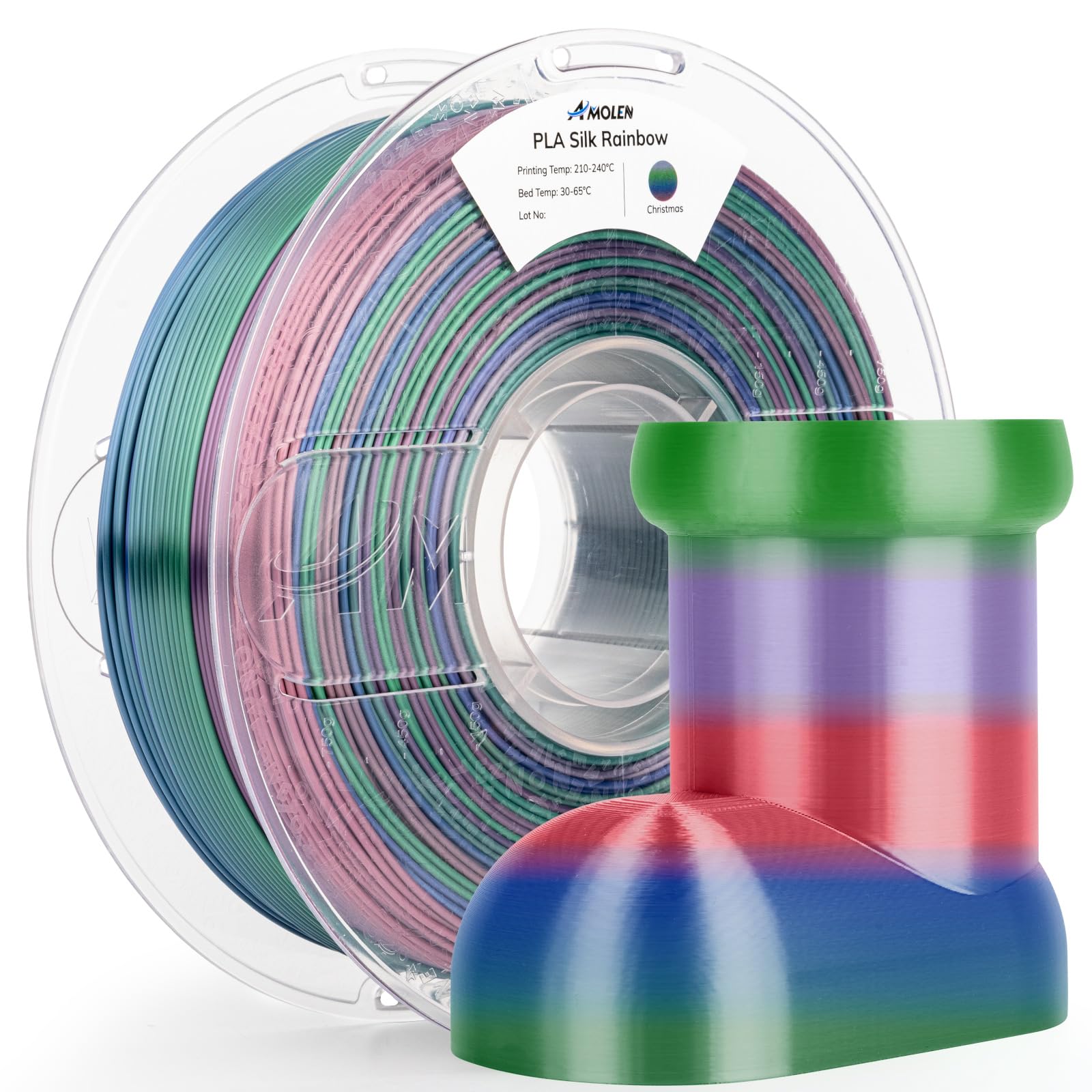 AMOLEN Silk PLA 3D Printer Filament, Shiny Multicolor Christmas Rainbow PLA Filament 1.75mm, Gradient Color Change PLA 3D Printing Filament for Most FDM 3D Printer, Red Blue Green Grey, 1kg (2.2lbs)