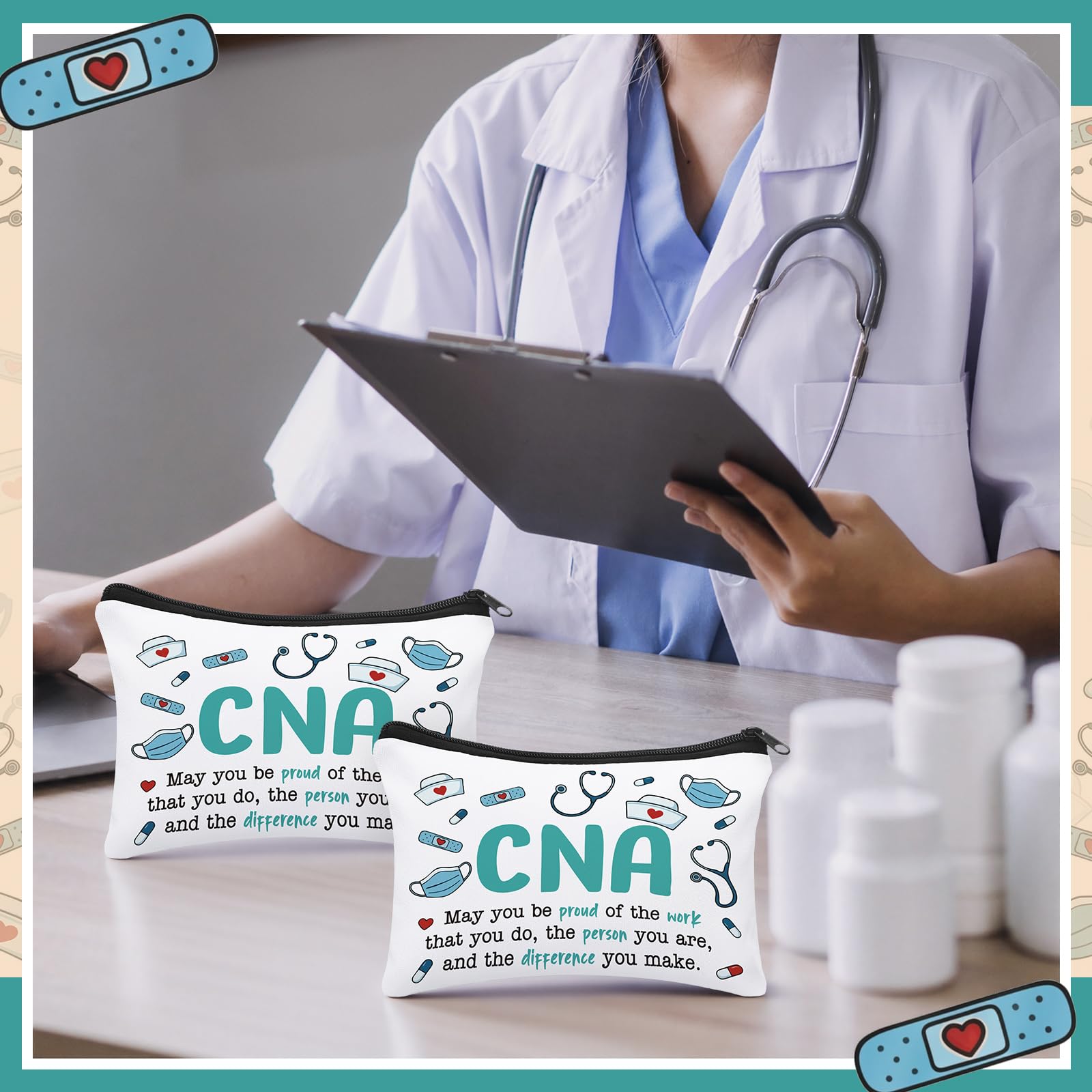 10 Pcs Happy CNA Week Gifts Bulk Cosmetic Bag Nursing Assistant Appreciation Makeup Bag for Nurses Women