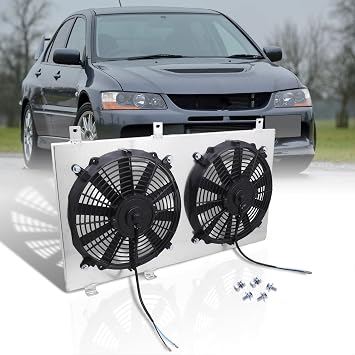 AJP Distributors Aluminum Radiator Fan Shroud Kit + 12" Dual Engine Cooling Fans Compatible/Replacement For Lancer EVO VII VIII IX 4G63 Manual Transmisson M/T 2003 2004 2005 2006 2007 03 04 05 06 07