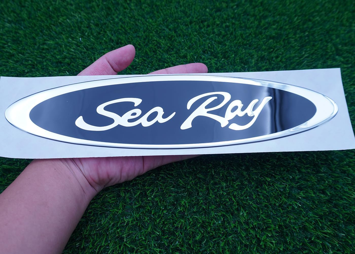 1pc 13" Sea Ray Searay Oval Searay Hull Side Logo Emblem Nameplate Sticker 13x 2-3/4 (Silver Black)
