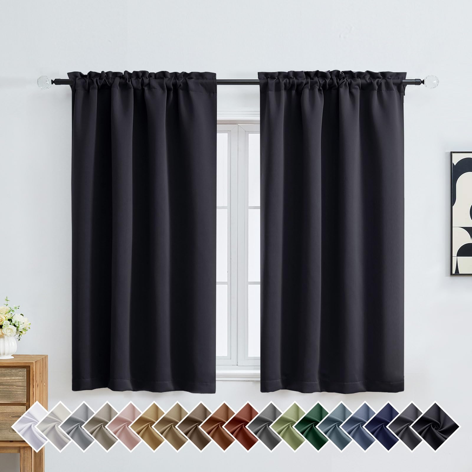 OVZME Black Blackout Curtains for Bedroom 54 Inches Long 2 Panels, Modern Window Treatment Solid Thermal Insulated Curtains for Living Room, Dual Rod Pocket Blackout Drapes, 2x40Wx54L Inches