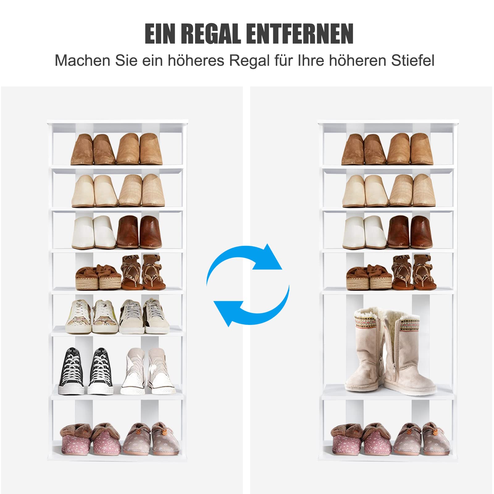 COSTWAY 8 stufiger Schuhständer höhenverstellbar, Platzsparendes Schuhregal aus Holz, Schuh-Organizer vertikal, Freistehender Eckregal für Eingang, Flur (Weiß, Doppel)