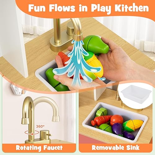 Miniatura 3 de Costzon Cocina de juego para niños, juego de cocina Little Chef con microondas, estufas, pomos de rotación, dispensador de hielo, grifo, fregadero y