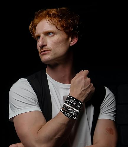 Miniatura 6 de Juego de 8 pulseras de cuero punk para hombres y mujeres, 6 puños trenzados de poliuretano, collar y llavero, ajustable, apilable