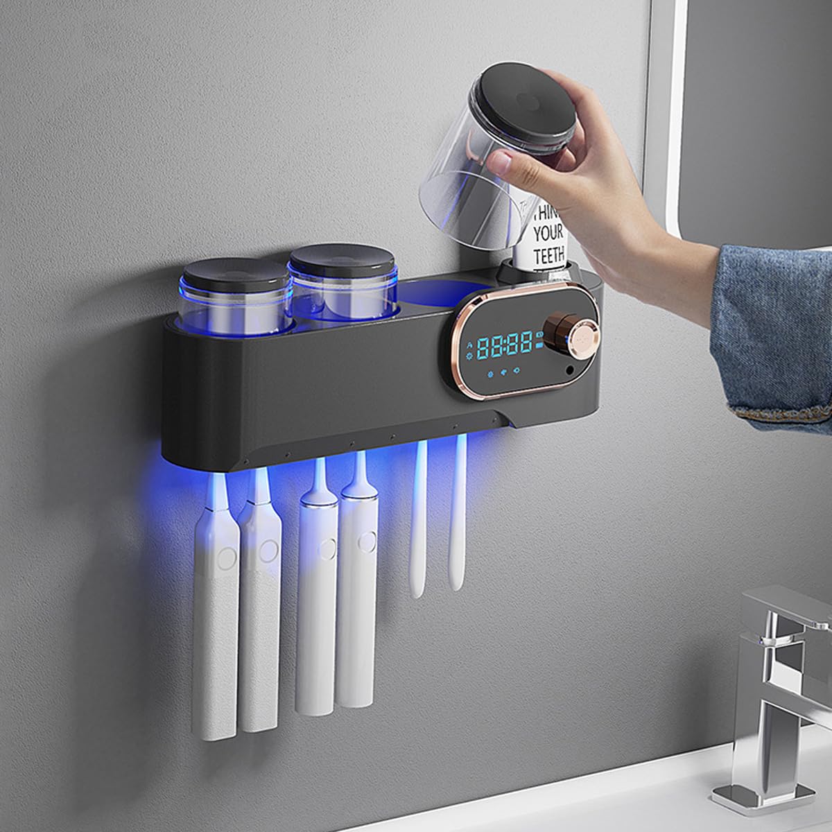 Desinfectante UV para cepillo de dientes y soporte con función de secado, esterilizador de cepillo de dientes eléctrico montado en la pared con función de inducción y temporización, color negro