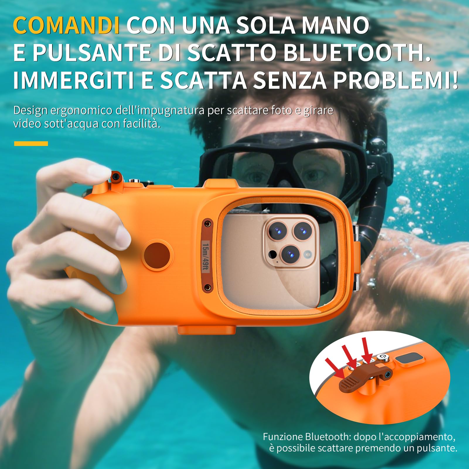 Lanhiem Custodia Impermeabile Professionale Subacquea IP68 15M - Per Telefoni iPhone,Samsung,Huawei e Xiaomi (fino a 6,9") Controllo Fotografico Bluetooth per le Vostre Avventure,Arancione