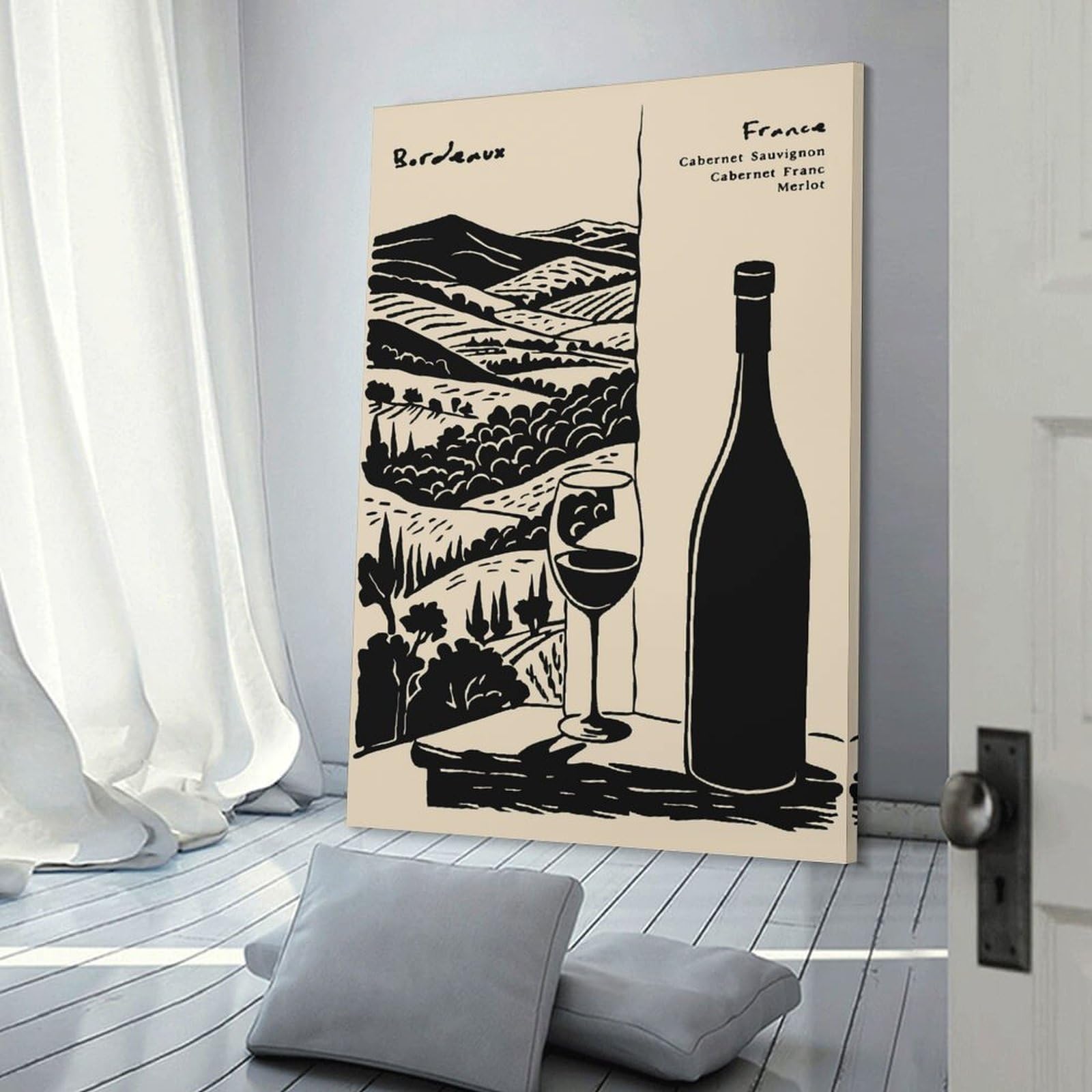 Junmoney Bordeaux France Wine Illustration Canvas Wall Picture, 24x36inch(60x90cm), for Sofa Walls, Lounge Or Home Corners, Modern Wall Decor for Cosy Interiors