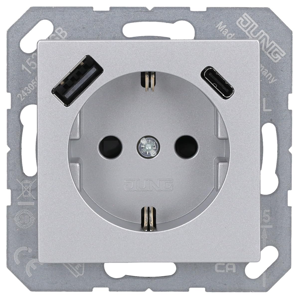 Jung A1520-15CAAL SCHUKO-Steckdose mit USB Typ AC (max. 3A) mit erhöhtem Berührungsschutz (Thermoplast bruchsicher) Aluminium Serie A