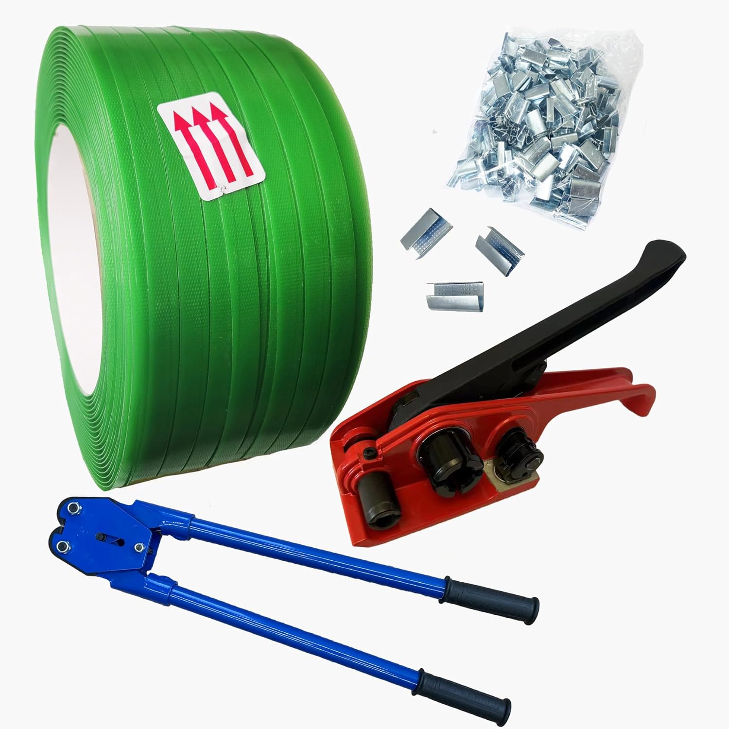 Banding Strapping Kit with 1/2" X3200 ft Green Polyester (PET) Band 200 Metal Seals Tensioner Sealer Tool for Pallet Box Packaging