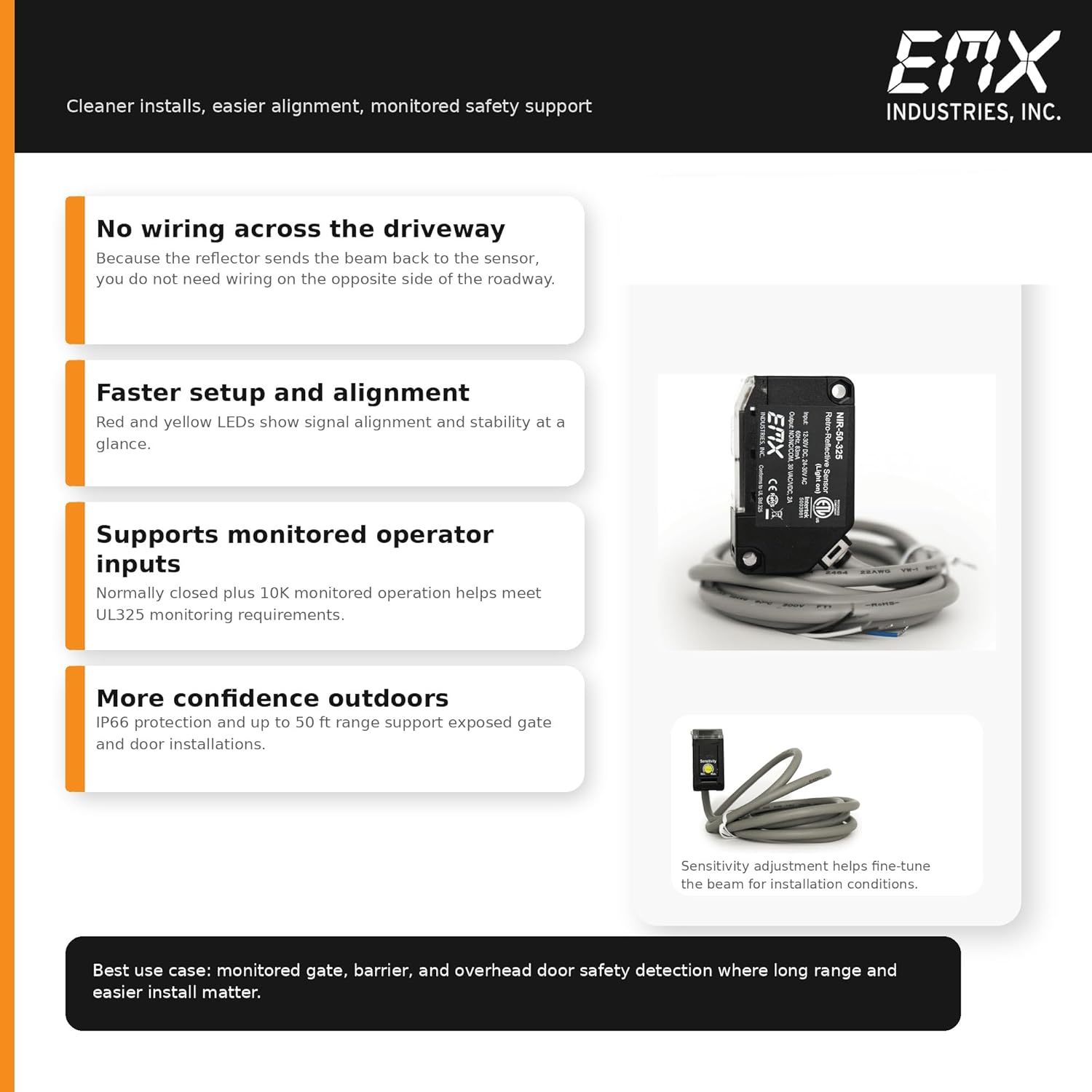 NIR-50-325 EMX UL325 Retroreflective Photoeye Kit 50ft Range 10K Monitored NC Output Compatible with Gate and Door Operators