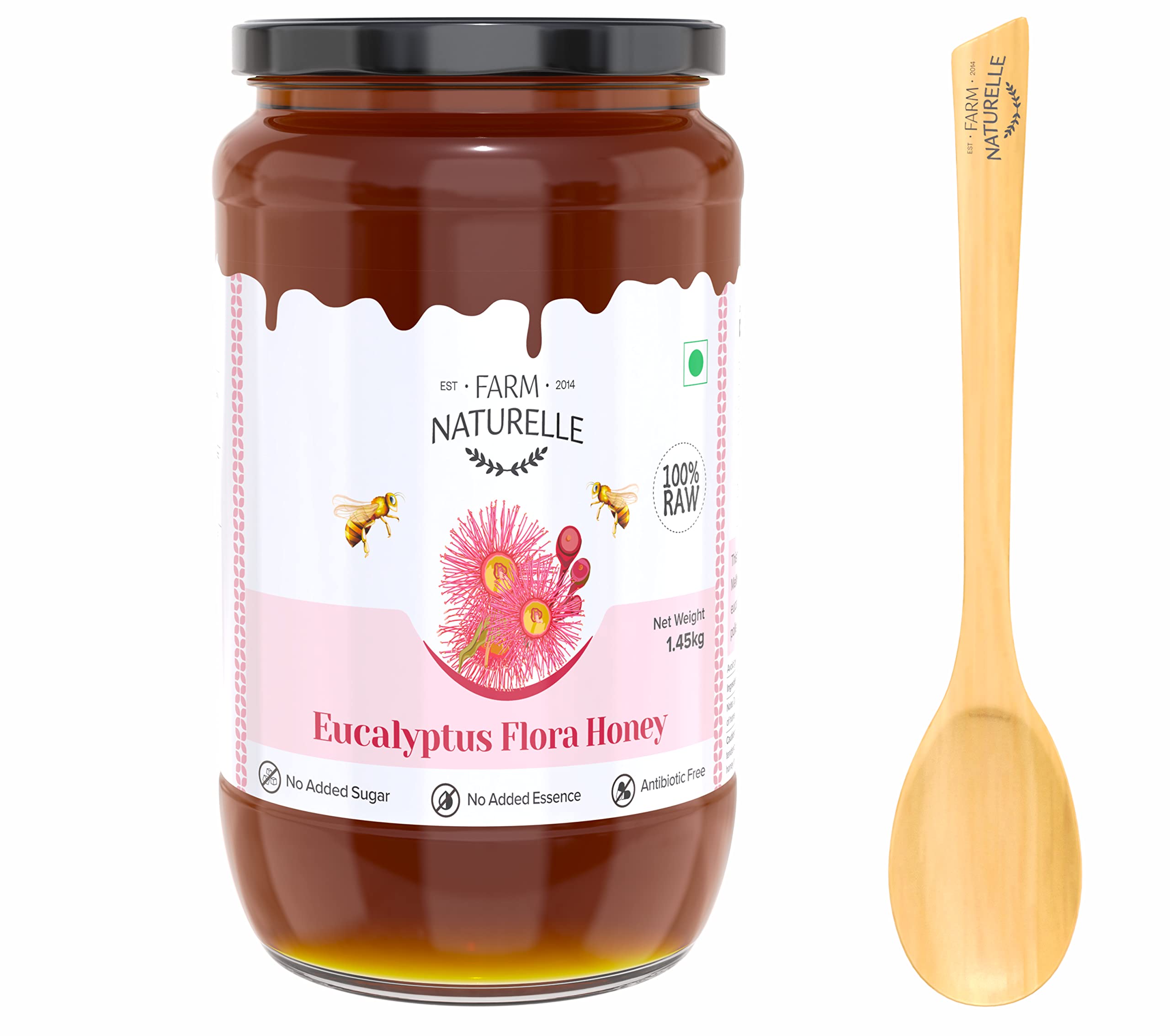 Farm Naturelle Eucalyptus Flower Wild Forest (Jungle) Honey 1.45kg|100% Pure Honey| Raw & Unfiltered|Unprocessed|Lab Tested Honey In Glass Jar with Engraved Virgin Wooden Spoon (B083912NHM) Amazon Price History, Amazon Price Tracker