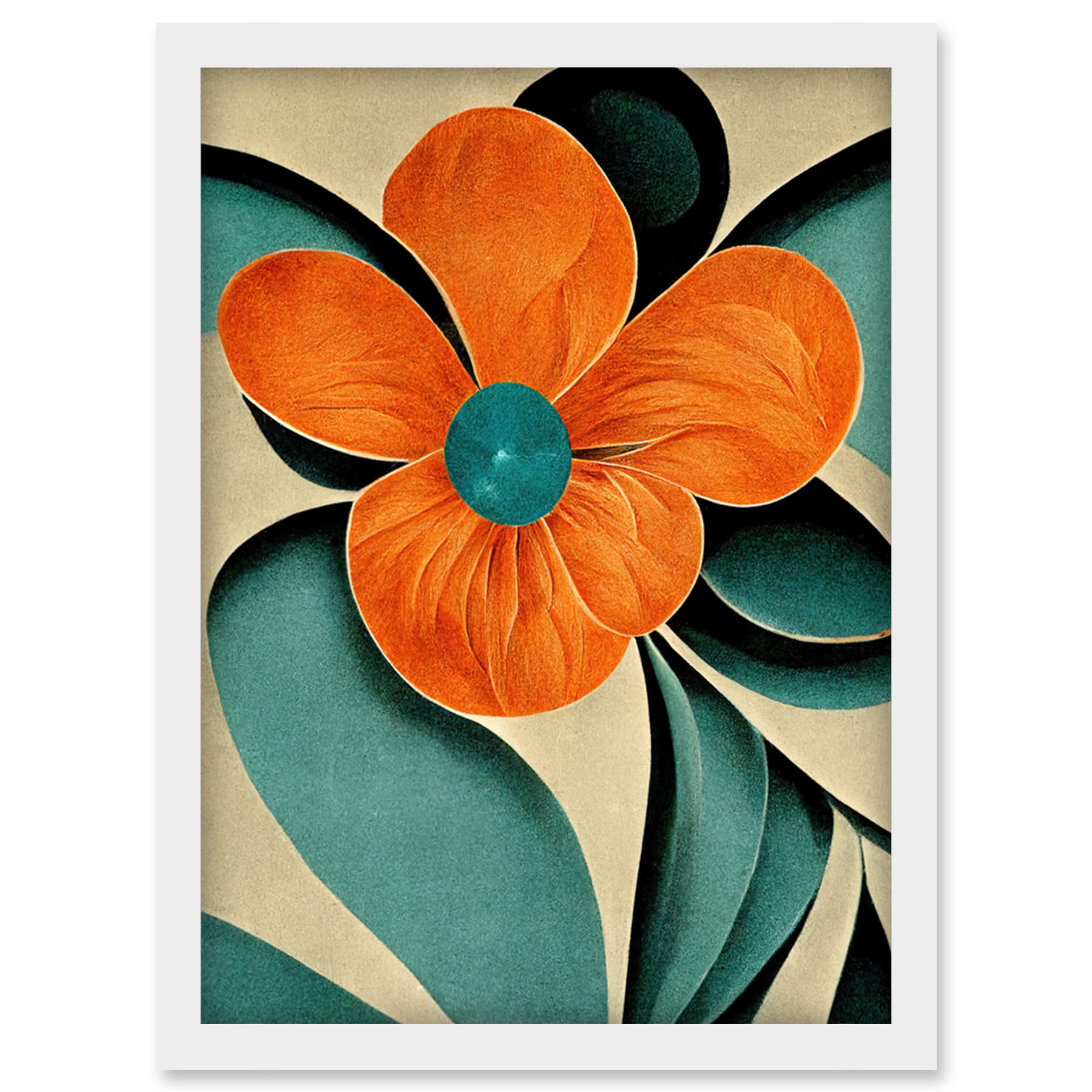 Doppelganger33 LTD Bold Art Deco Flowers Teal Orange Cream Poppy Artwork Framed Wall Art Print A4