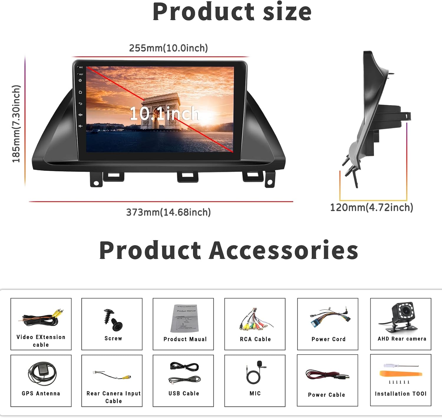 Diagram showing the dimensions of the 10.1-inch car stereo and a layout of all included accessories: video extension cable, screw, product manual, RCA cable, power cord, AHD rear camera, GPS antenna, rear camera input cable, USB cable, MIC, power cable, and installation tool.