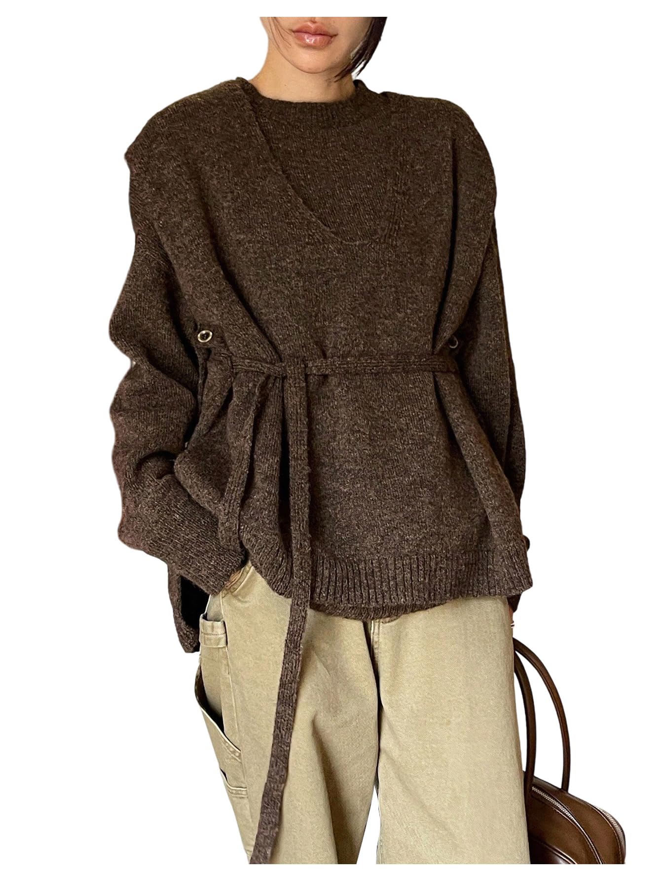 WDIRARA Womens 2 Piece Sweater Outfits Crew Neck Long Sleeve Sweater and Belted Knit Vest Set