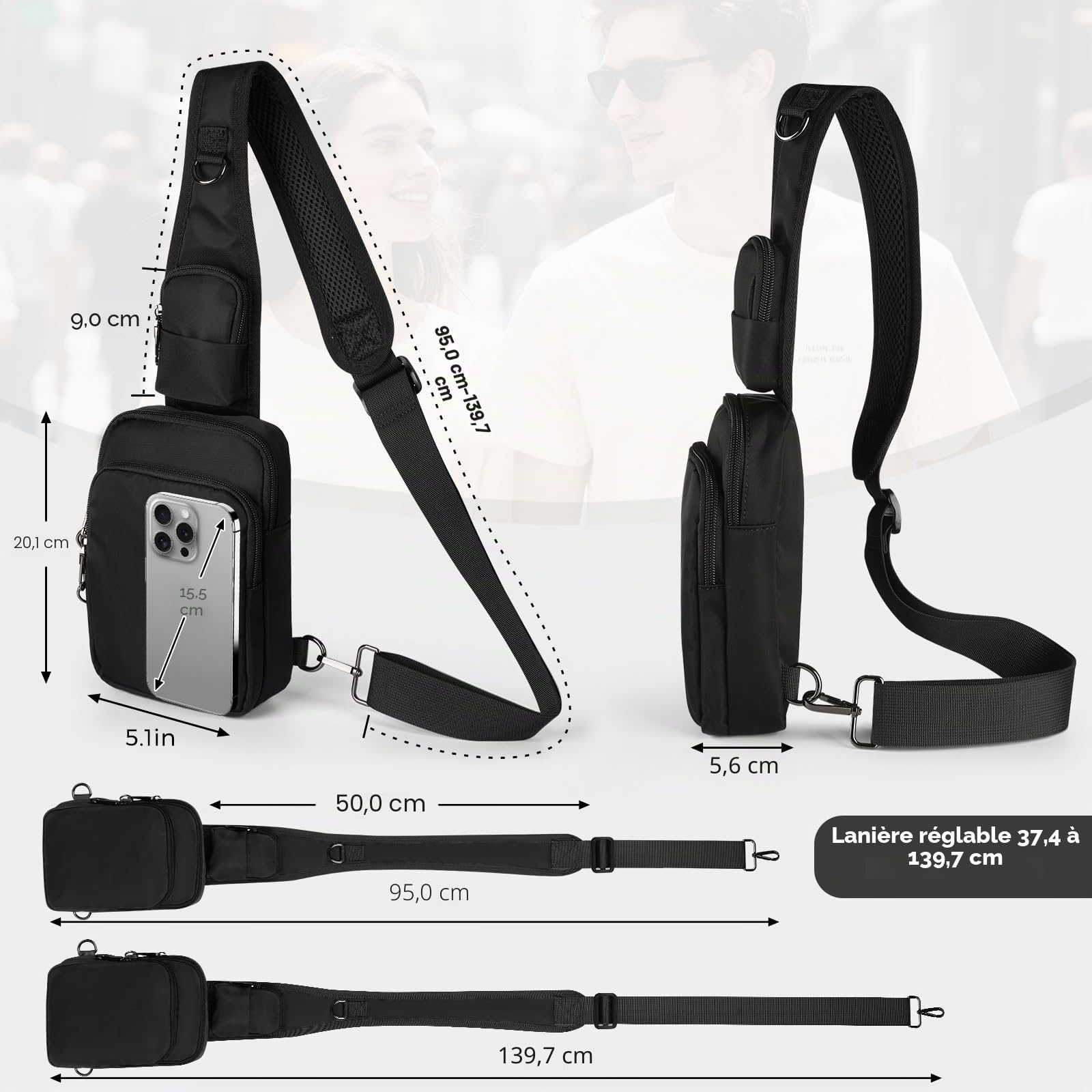 BROADREAM Sac à bandoulière antivol - Sac de poitrine - Sac à bandoulière - Pour homme et femme - Petit homme - Avec fermeture éclair et blocage RFID