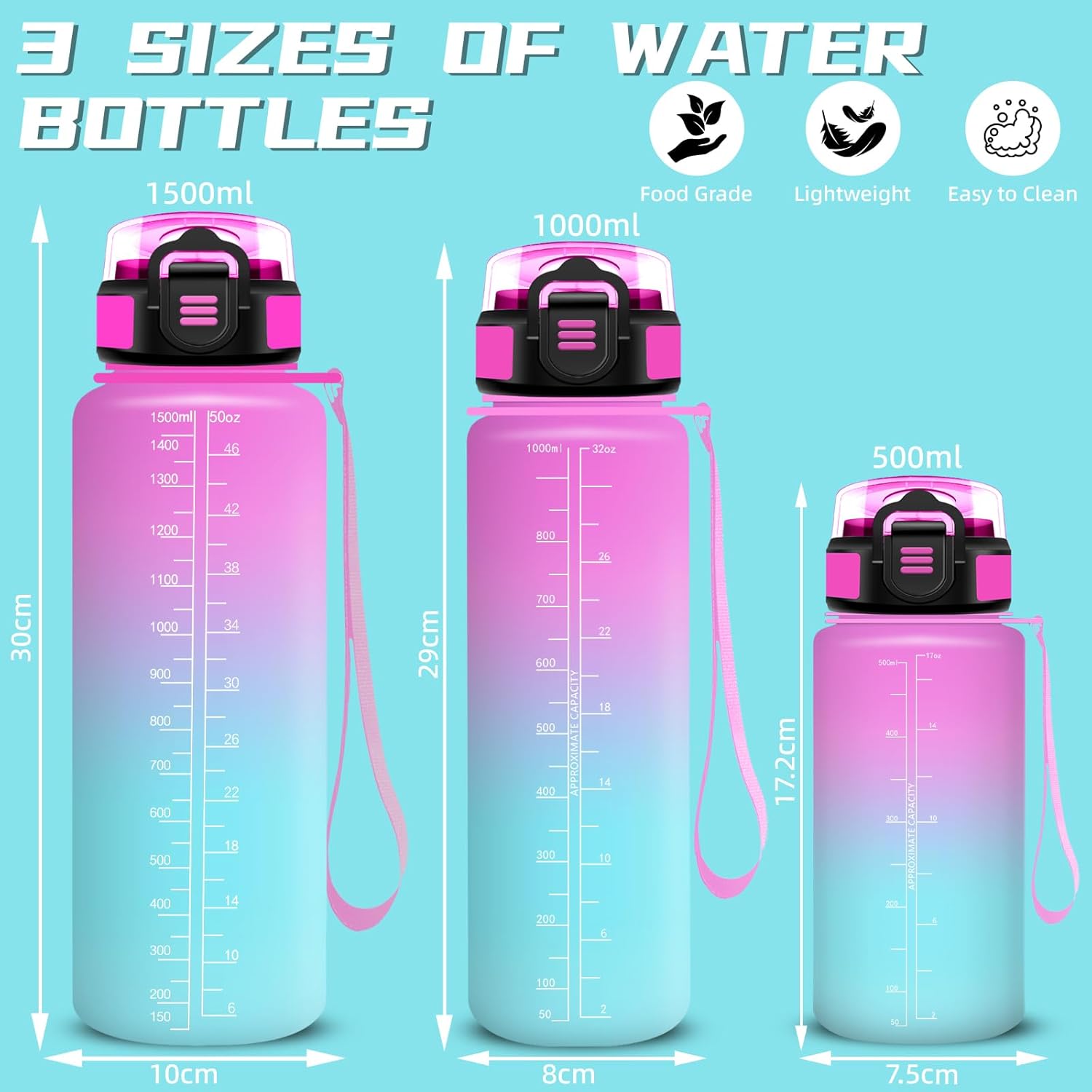Water Bottle, 1 Litre, Water Bottle with Straw, Leak-Proof, Sports Water Bottle, with Safety Closure, Bottle with Time Marking, Bottle for Hiking, Sports, Camping,