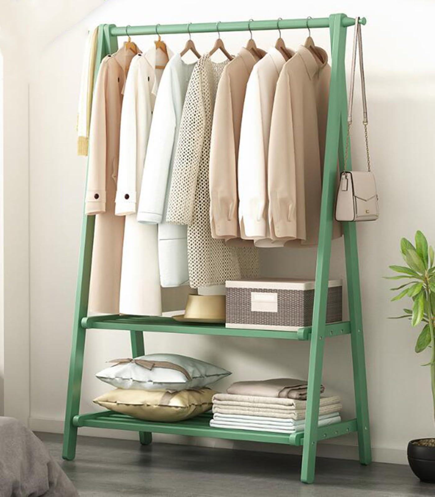 Foldable Wooden Garment Rack, Free Standing Wooden Clothes Rail with 2-Tier Storage Shelves & Side Hooks, 66/86/116x40x160cm, for Bedroom Hallway Entryway
