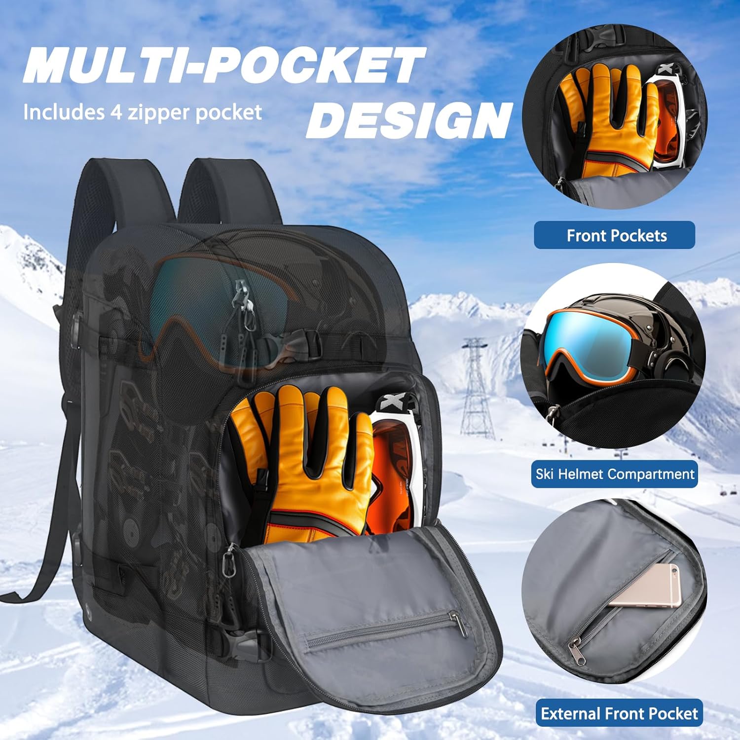 Goloni 50L Ski Boot Bag with Rubberized Exterior/Waterproof Bottom for Skis, Snowboard, Ski Helmet, Accessories