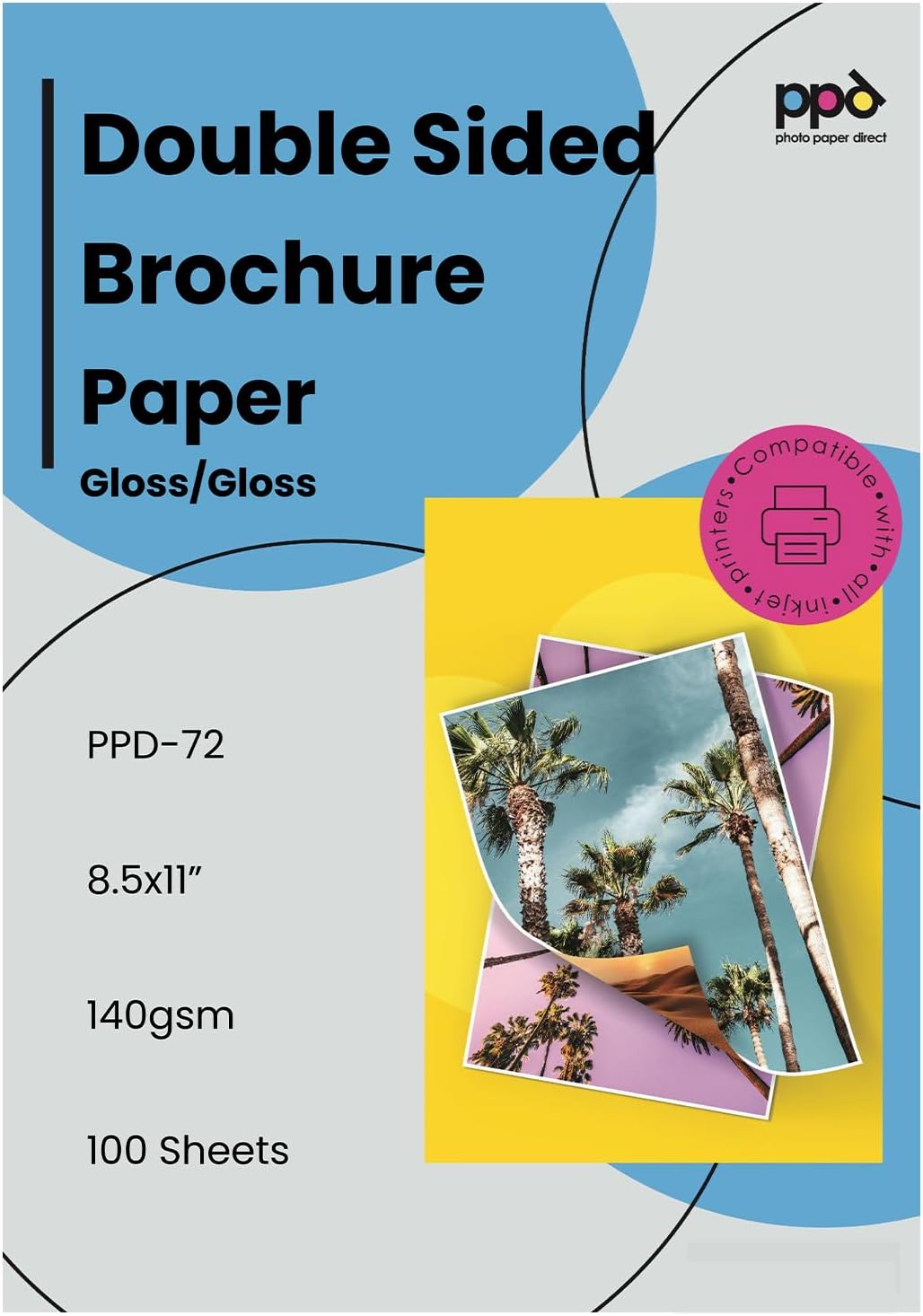 PPD PPD-72-100 Sheets Glossy Brochure & Flyer Paper 8.5x11 16.8kg 140gsm Professional Quality Double Sided Instant Drying and Water Resistant 100 Sheets