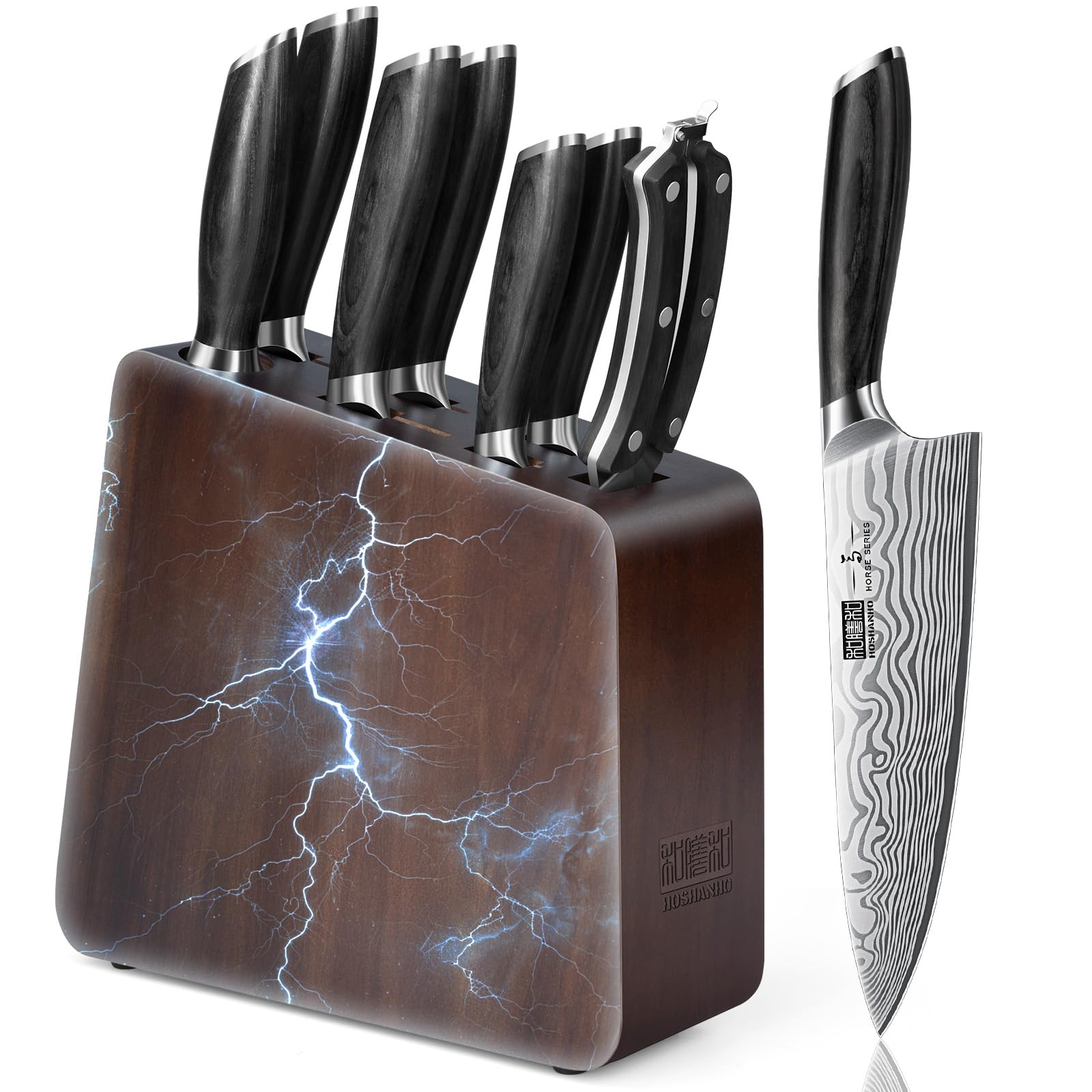 HOSHANHO Set de Couteaux de Cuisine avec Bloc Magnétique, 8 Pièces Set Couteau Cuisine en Acier en Poudre Ultra Tranchants, Ensemble de Couteaux de Chef Professionnel avec Aiguiseur