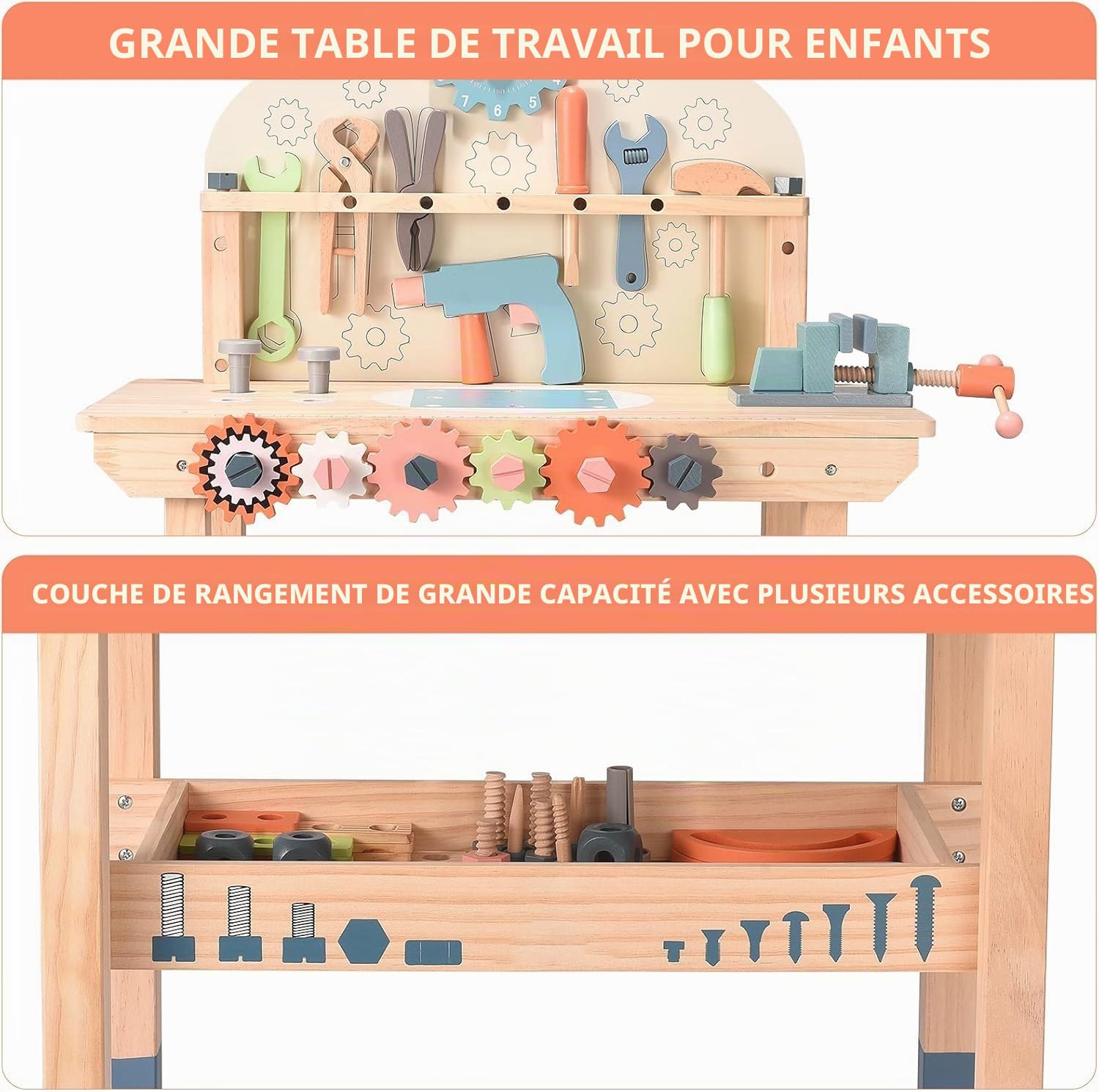 Établi en Bois pour Enfants, Outils de Jeu Banc à Outils en Bois Multifonction Maintenance des simulations Tableau d'outils de démontage des vis et écrous pour Les 3 Ans et Plus