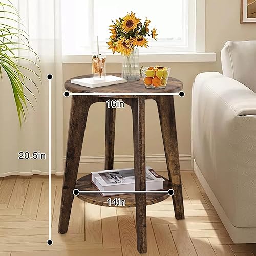 Miniatura 3 de Mesa auxiliar redonda pequeña de madera con estante inferior, mesita de noche moderna para espacios pequeños, sala de estar, dormitorio, marrón retro