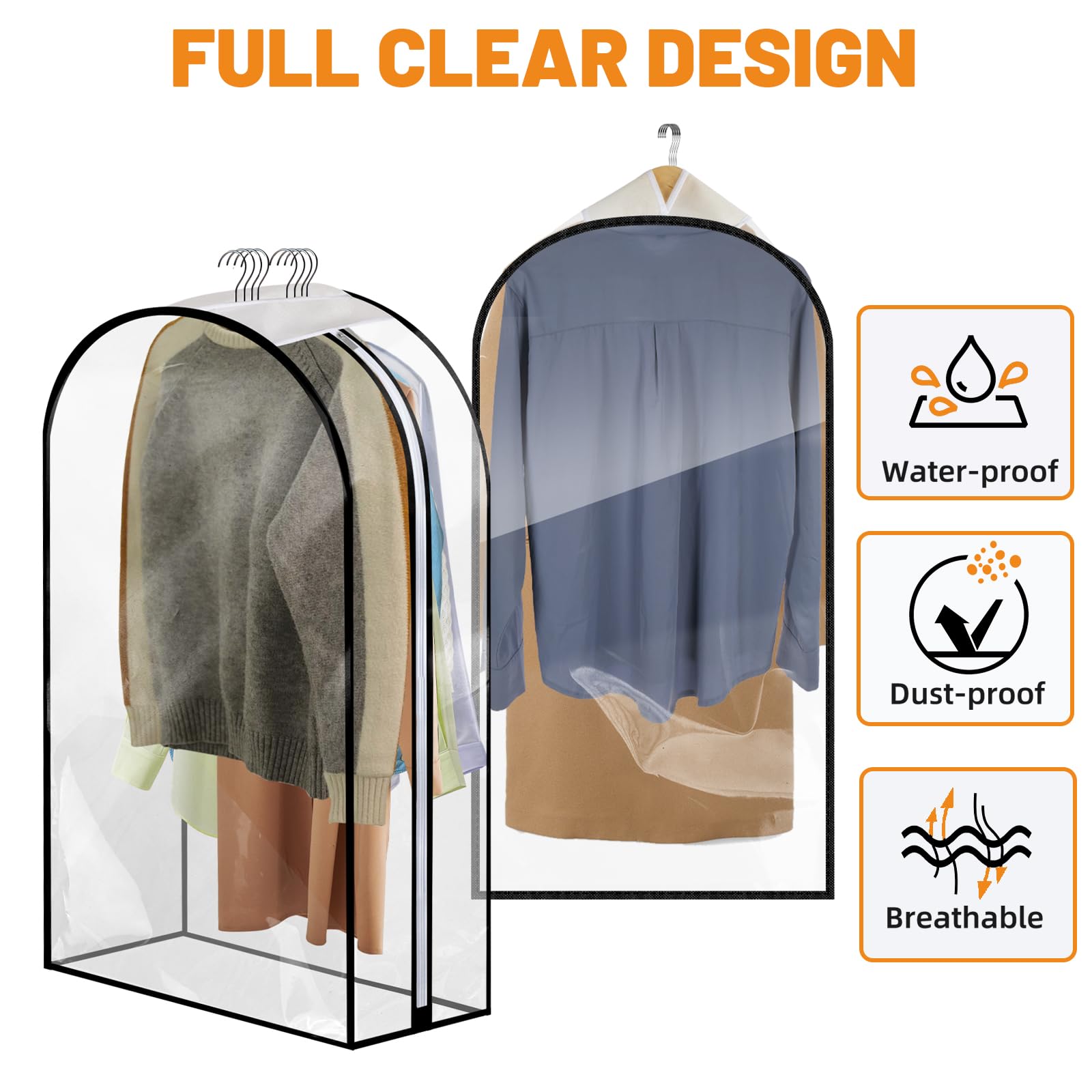 4 Pack Full Clear Garment Bags (40&50"), Clothes Covers with 10" Gusseted, Transparent Bags for Hanging Clothes Suit Bags - Image 4