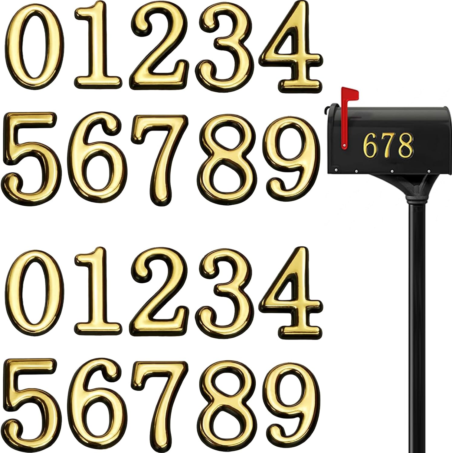 40 Pieces Mailbox Numbers for Outside, 2 Inch - 3D Gold Mailbox Numbers, Self-Adhesive Mail Box Numbers, Waterproof House Numbers for Mailbox Post, House, Apartment,Trash Bins (0-9)