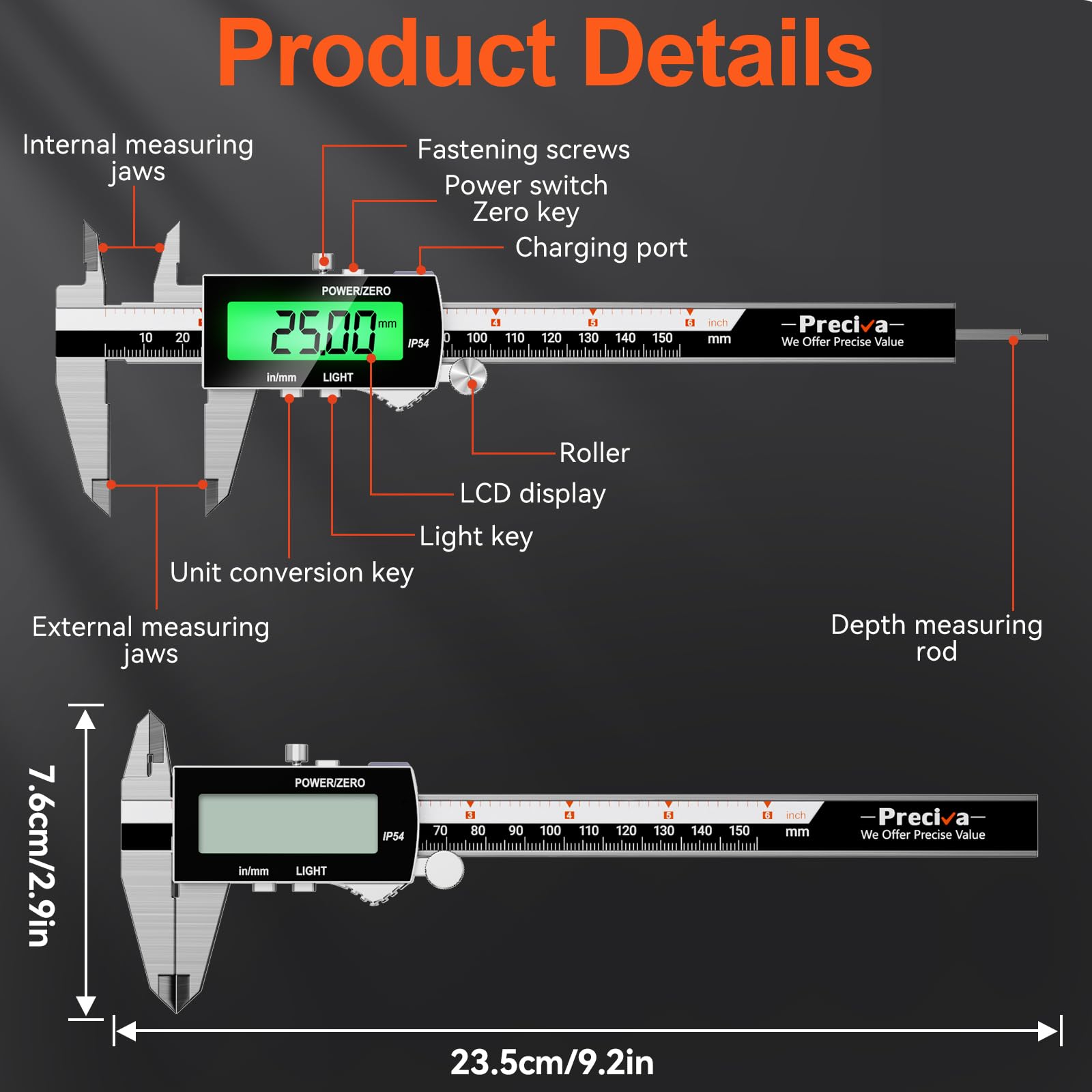 Calibro Digitale Professionale, Electronic Digital Caliper,Precisione Micrometro in Acciaio da 150mm/6 pollice,Auto-Off,Calibri touchscreen per Misurzione Esterna, Interna（nero）