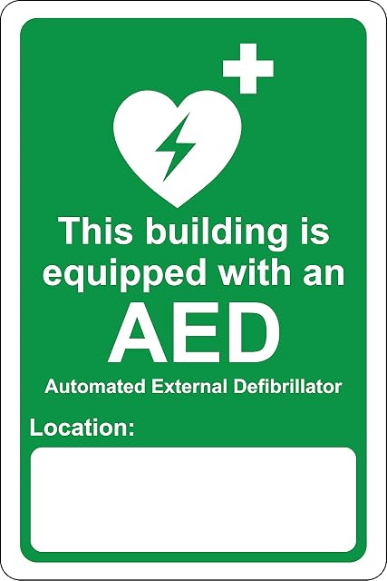 This building is equipped with an AED automated external defibrillator and located at Safety sign - Self adhesive sticker 200mm x 150mm