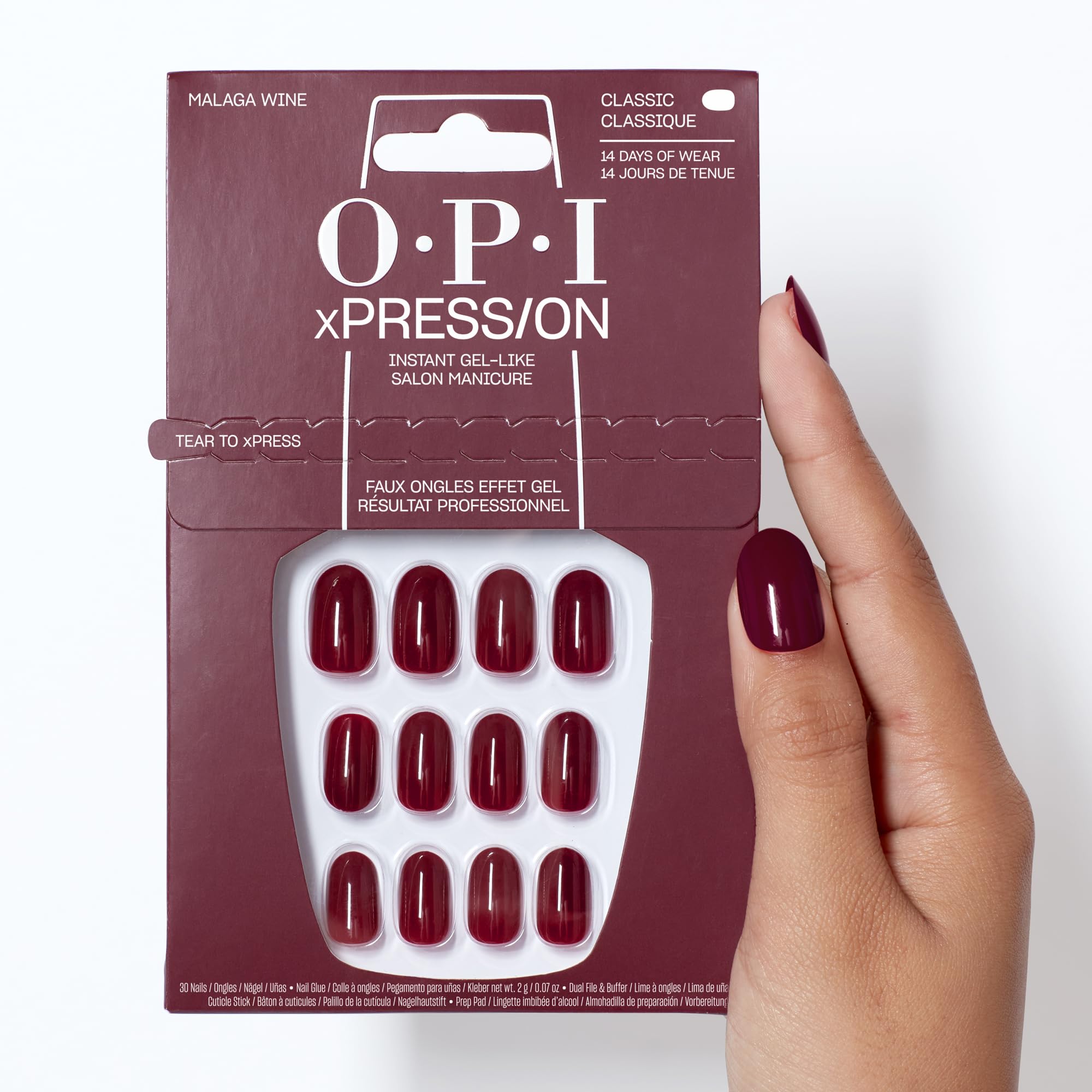 OPI xPRESS/ON Malaga Wine | Faux ongles press-on rouge foncé, courts, forme ronde | Avec colle pour ongles | Longue tenue, réutilisables, respectueux des ongles.