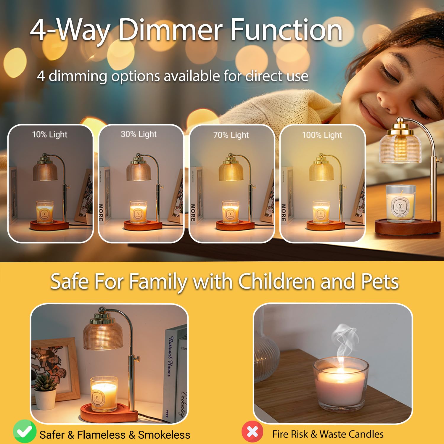 Lámpara calentadora de velas con temporizador y regulador, altura ajustable, aroma en cuestión de minutos, el mejor regalo para mujeres y madres, calentador de cera para velas en tarro con 2 bombillas
