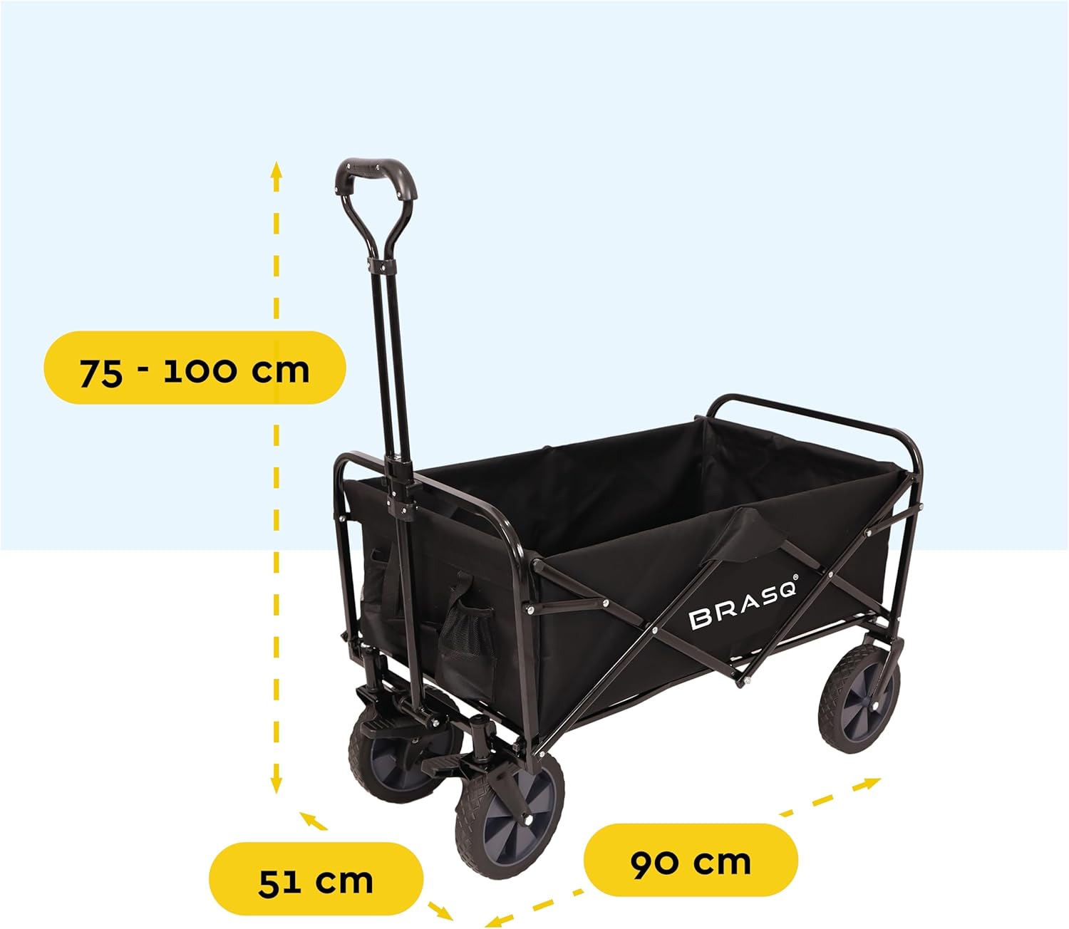 Diagram showing the overall dimensions of the BRASQ Folding Wagon: 90 cm length, 51 cm width, and adjustable height from 75 cm to 100 cm.