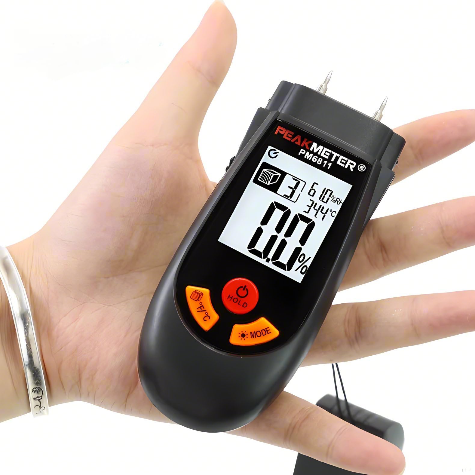 PEAKMETER PM6811 PM6811A Wood Moisture Meter Moisture Tester Wood Moisture Meter Digital Wall Moisture Content Tester for Measuring Moisture Content in Wood Cardboard and Flooring(PM6811), Orange