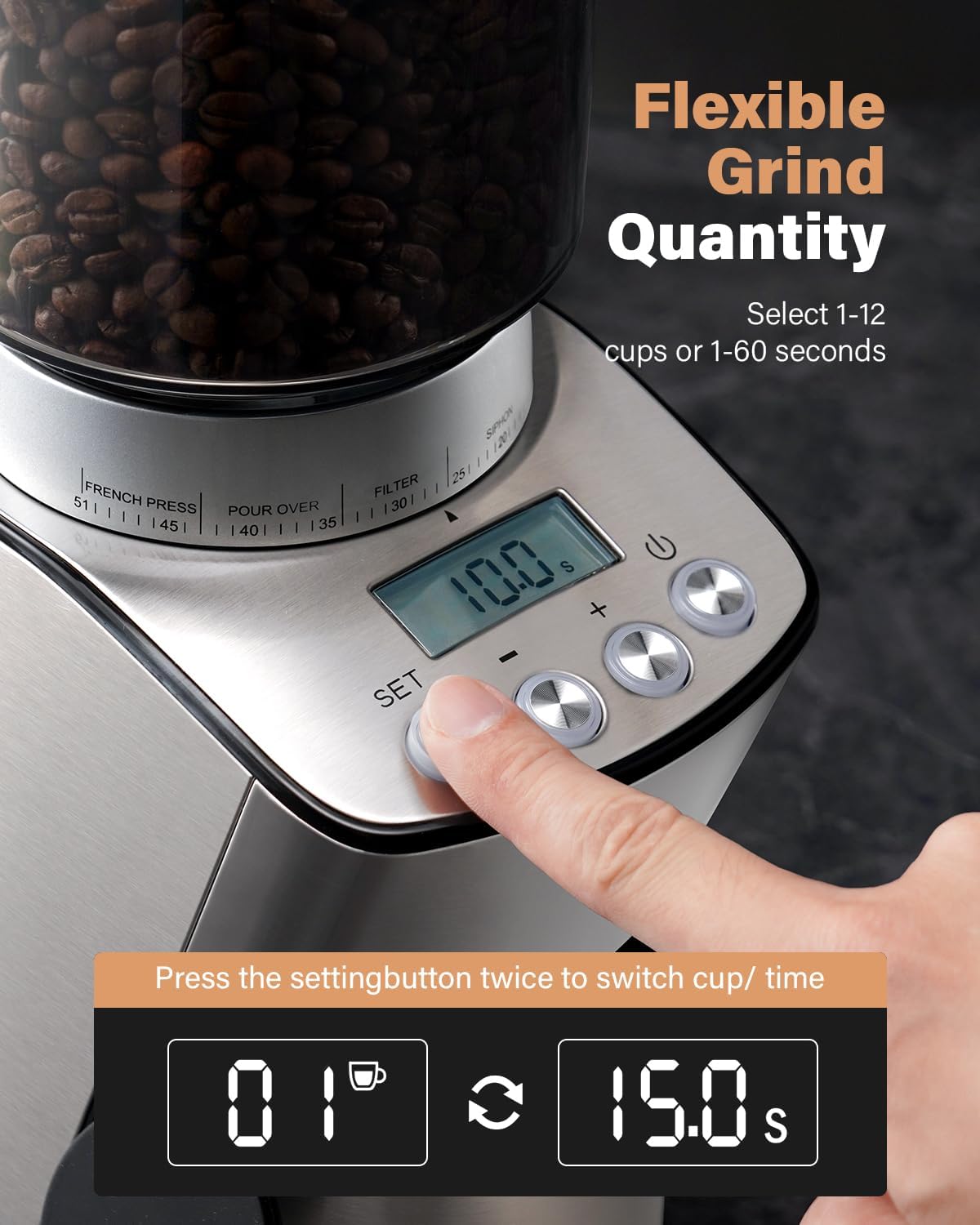 KIDISLE - Molinillo de café cónico eléctrico, molinillo de café para uso doméstico, molino de rebabas con 51 ajustes de molienda, temporizador electrónico de precisión, recipiente de acero inoxidable