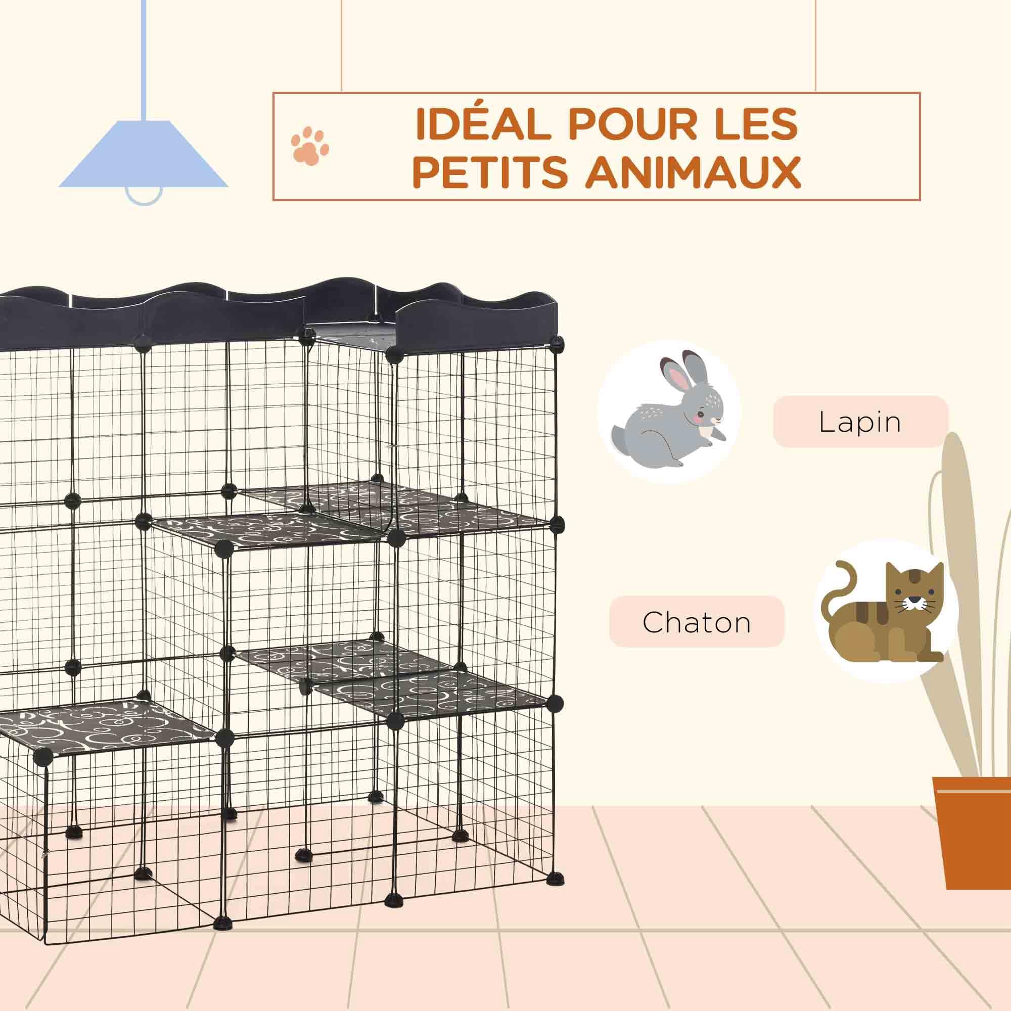PawHut Cage Parc enclos pour Petits Animaux Chats Lapins modulable 3 Niveaux 2 Portes Rampe Fil métallique 105 x 70 x 116 cm Noir
