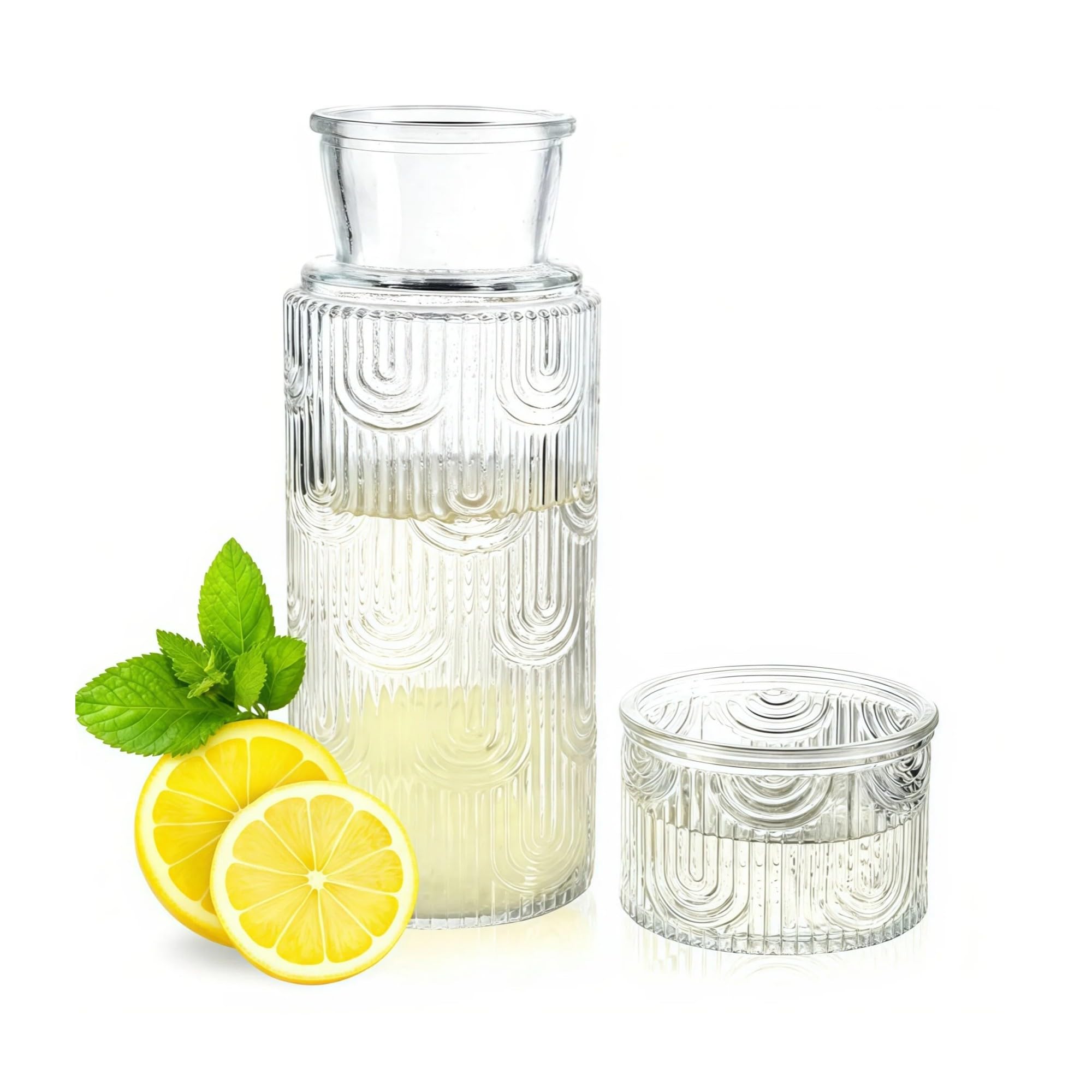 Bedside Water Carafe and Glass Set, Mouthwash Water Dispenser for Bathroom, 21.6 OZ Glass Pitcher Bottles with 6 OZ Lid for Kitchen Bedroom and Dining (Clear)