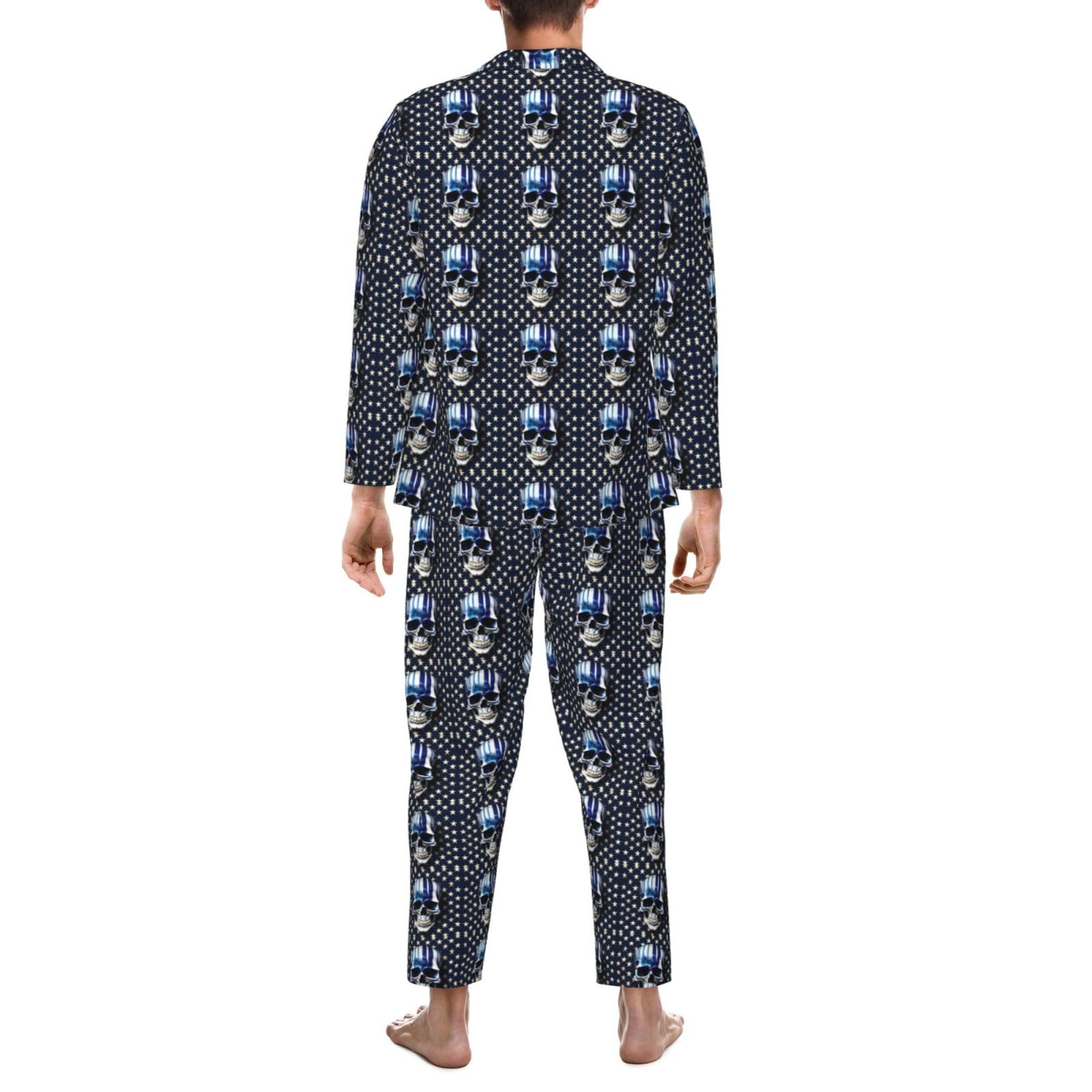 Herren-Pyjama-Set, langärmelig, gestreift, Sterne, Totenkopf, zweiteilig, bequem, Nachtwäsche