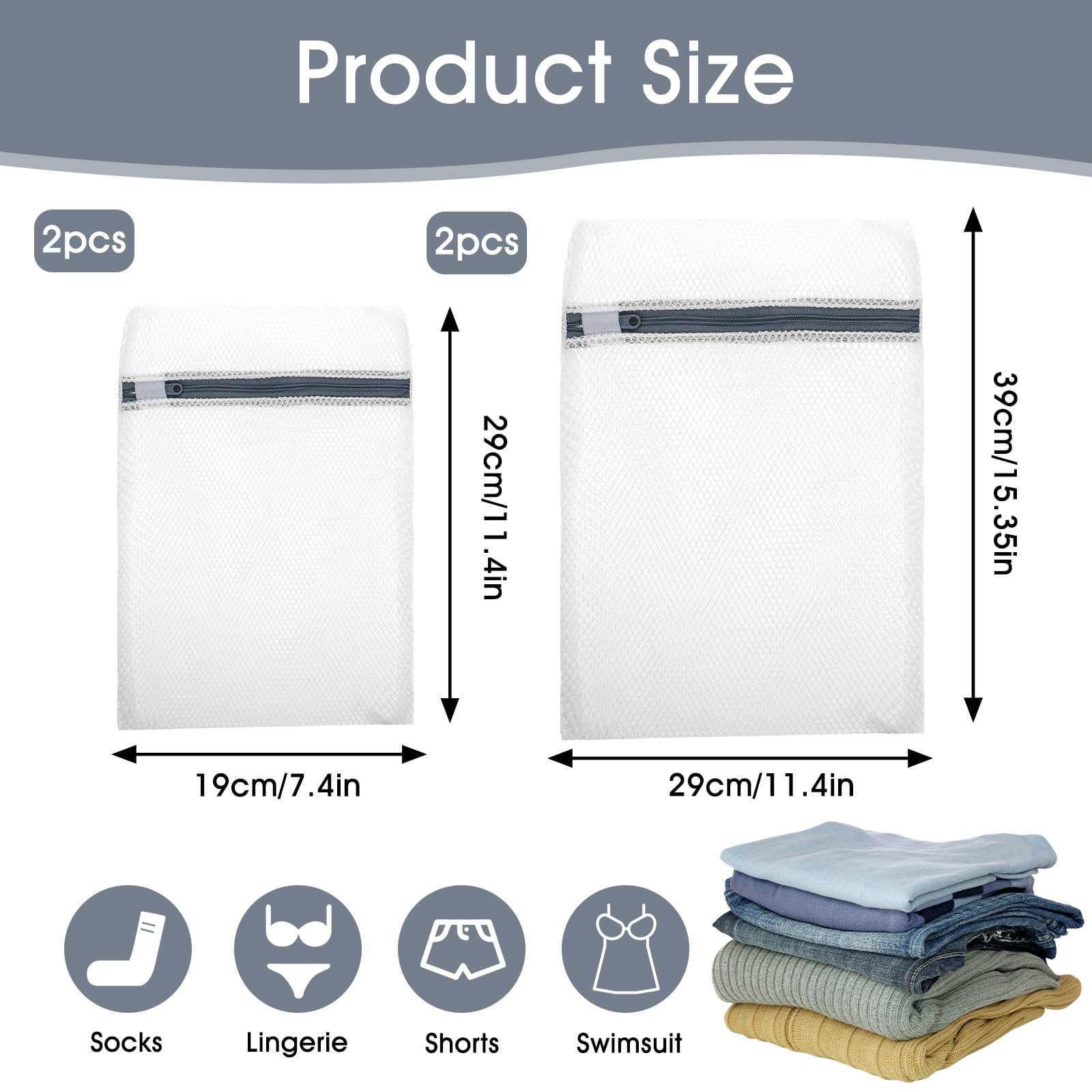 Lot de 4 sacs à linge avec motif nid d'abeille - Réutilisables - Avec fermeture éclair - Pour machine à laver, vêtements, sous-vêtements