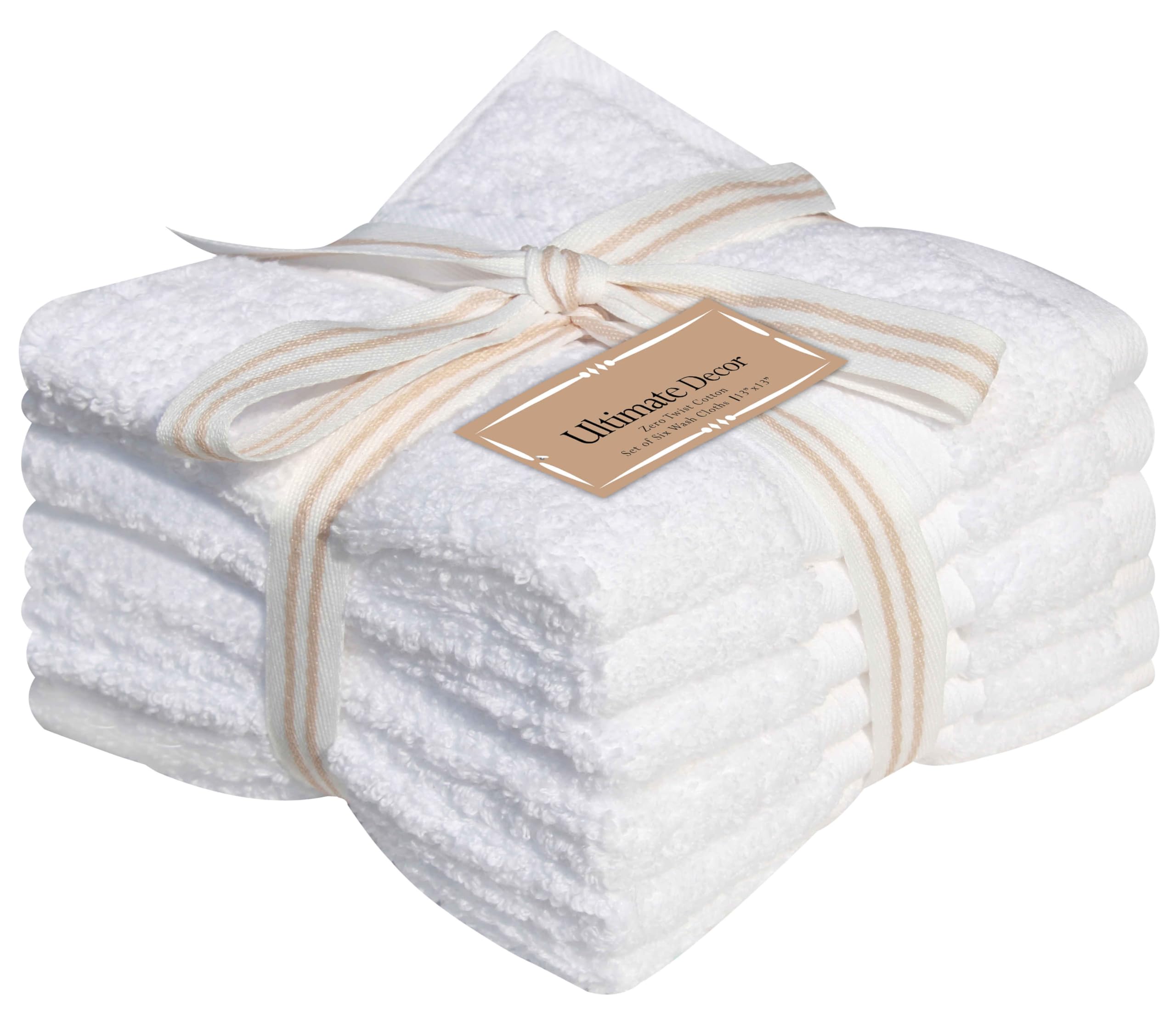 QCS Towels - Face Cloths - 33 x 33 cm - 100% Zero Twist Cotton - Light and Absorbent Quick Drying Washcloths for Gym, Hotel, and Spa - Flannel Ribbed Design (6, White)